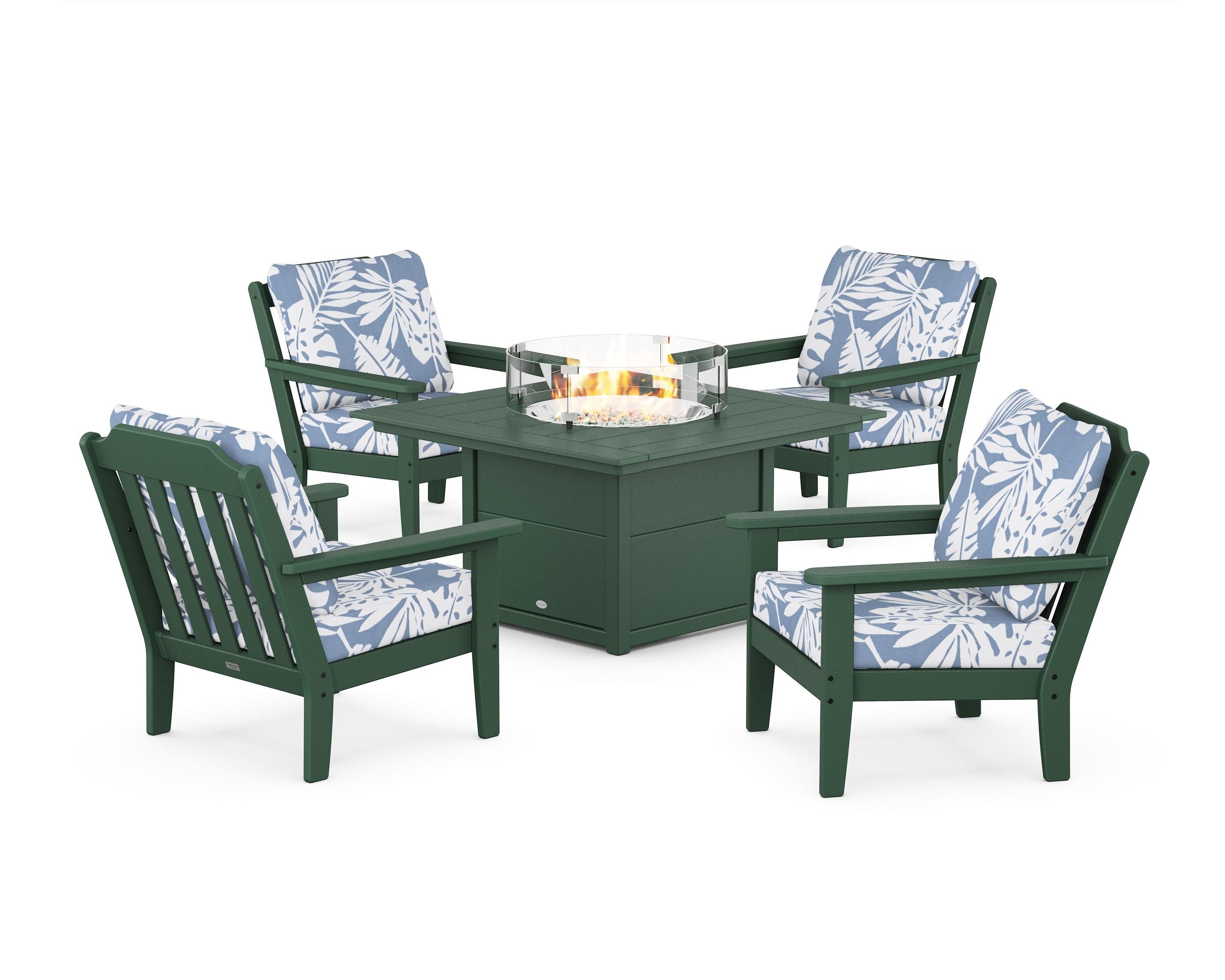 Country Living Cottage 5-Piece Deep Seating Set with Fire Pit Table in Green / Leaf Sky Blue