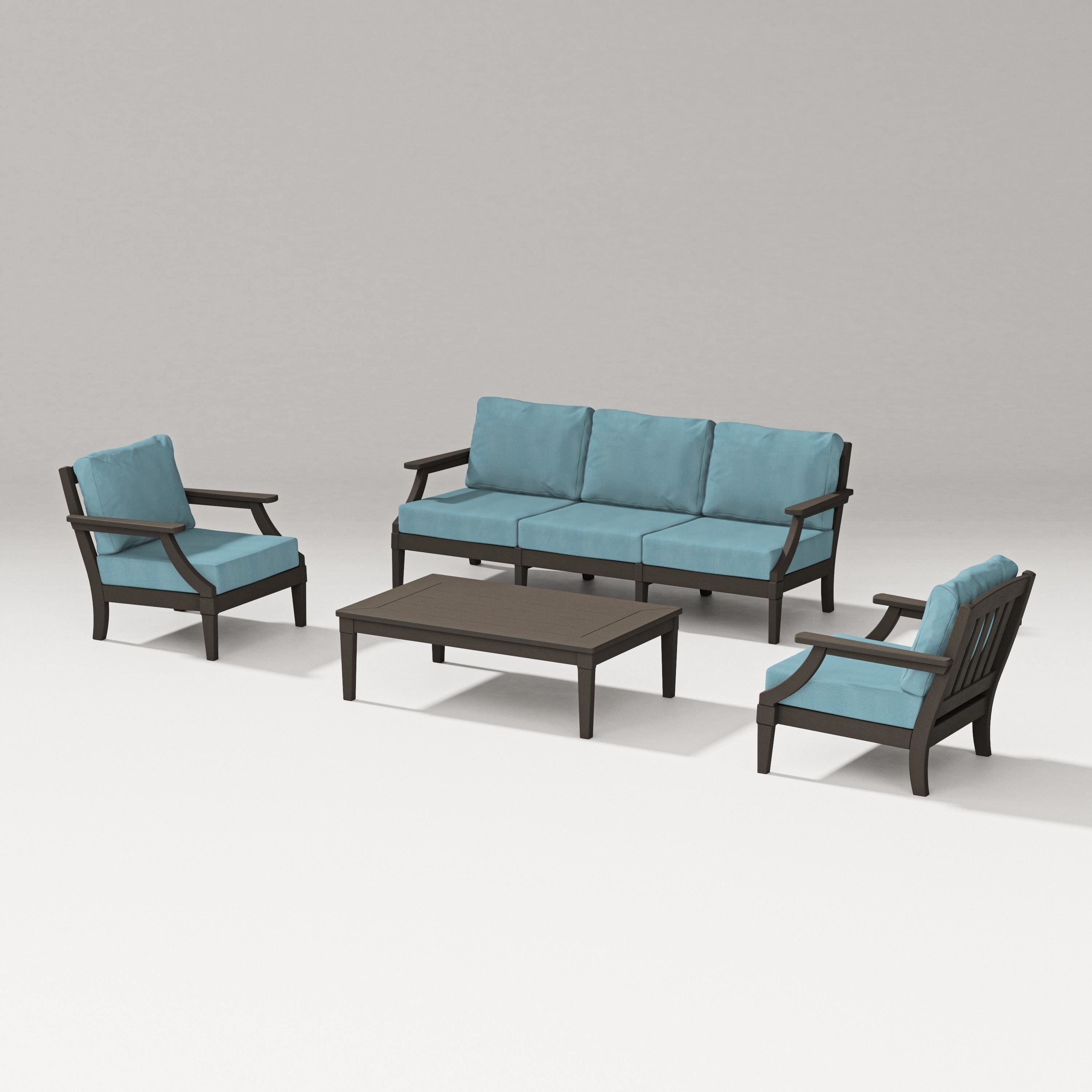 PW Designer Series Estate 4-Piece Lounge Sofa Set in Vintage Coffee / Lattice Sky Blue