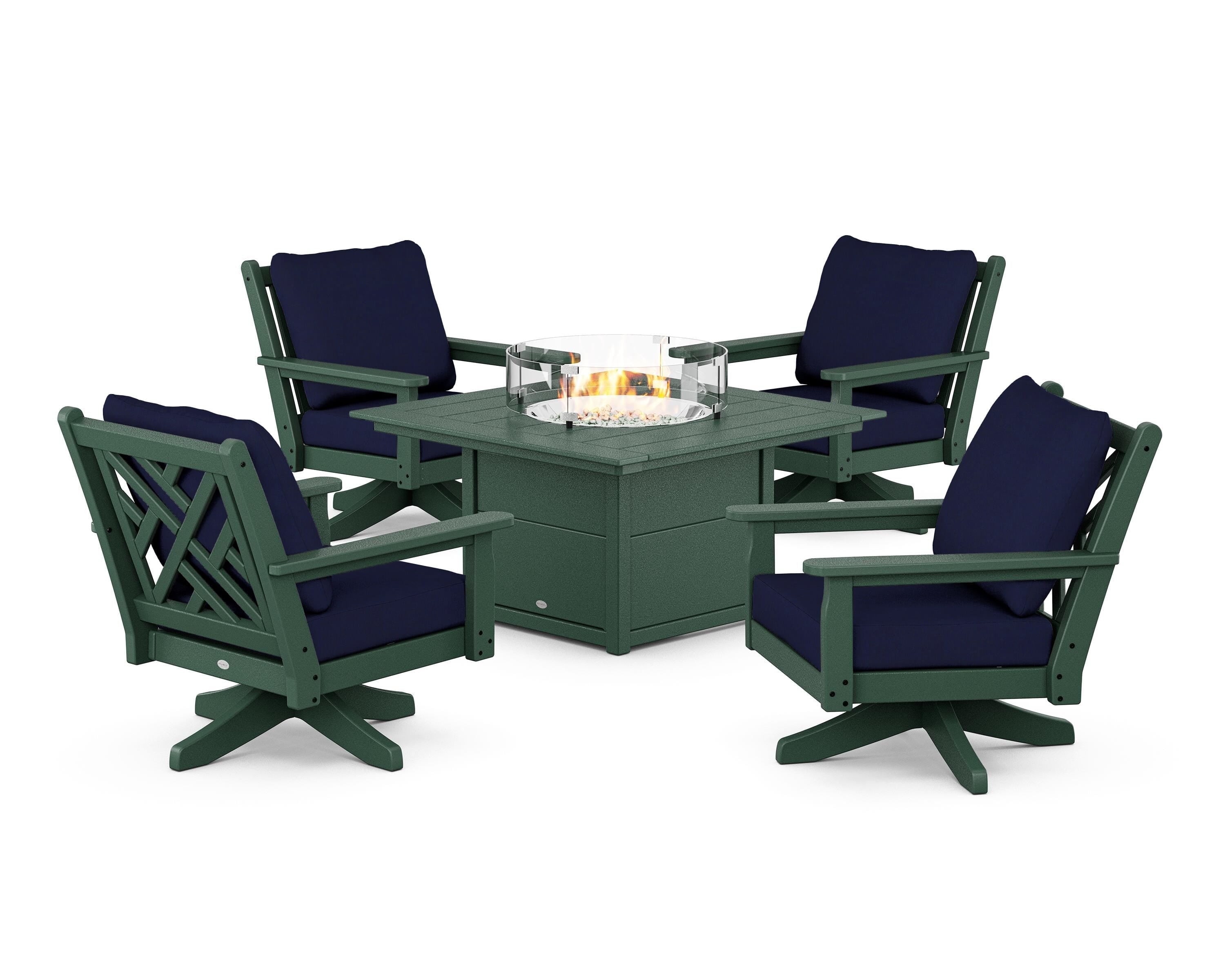 POLYWOOD Chippendale 5-Piece Deep Seating Swivel Conversation Set with Fire Pit Table in Green / Navy