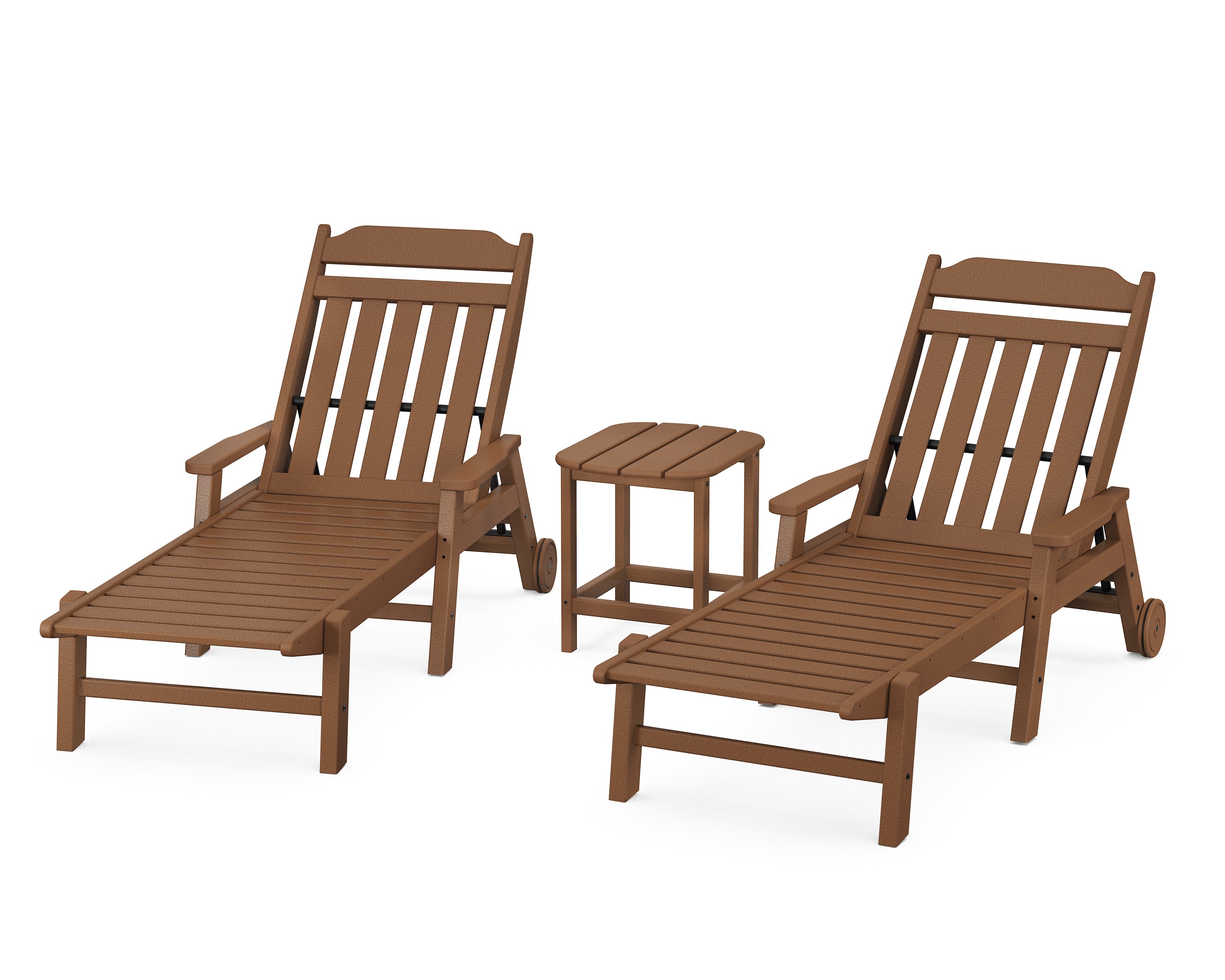 POLYWOOD Country Living 3-Piece Chaise Set with Arms and Wheels in Teak
