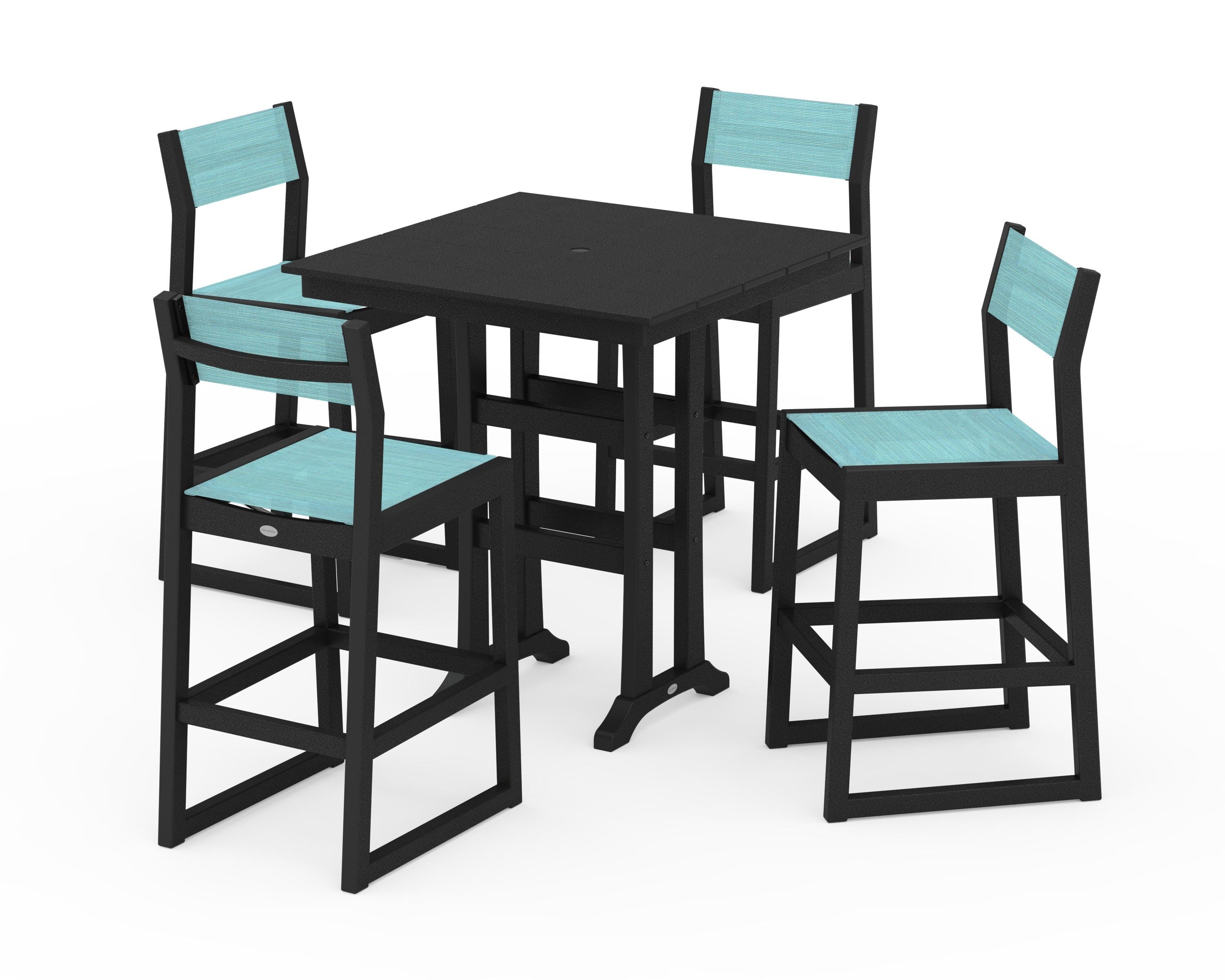 POLYWOOD EDGE Sling Arm Chair 5-Piece Farmhouse Bar Set with Trestle Legs in Black / Dupioni Aquamarine Sling