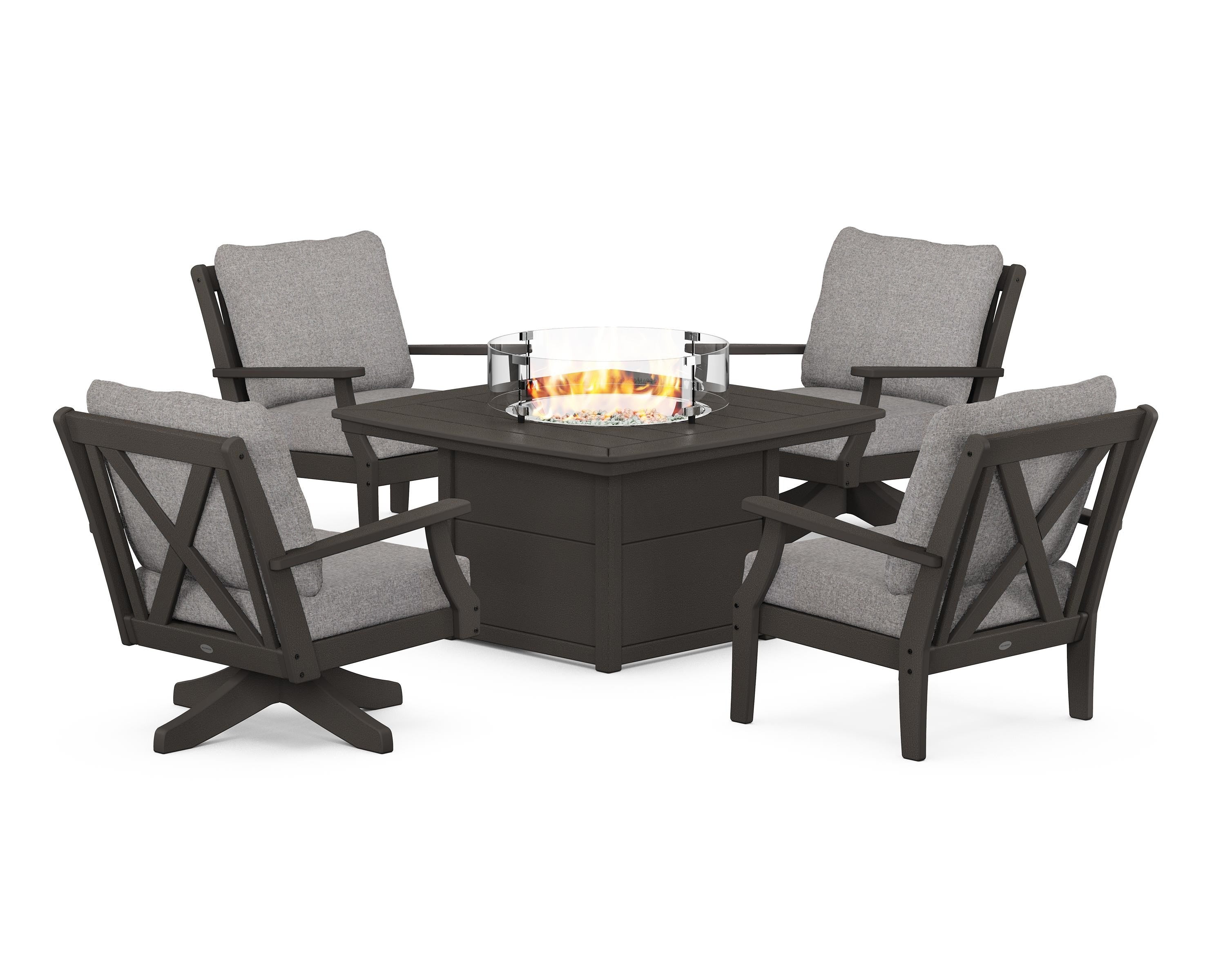 POLYWOOD Braxton 5-Piece Deep Seating Set with Fire Table in Vintage Coffee / Grey Mist