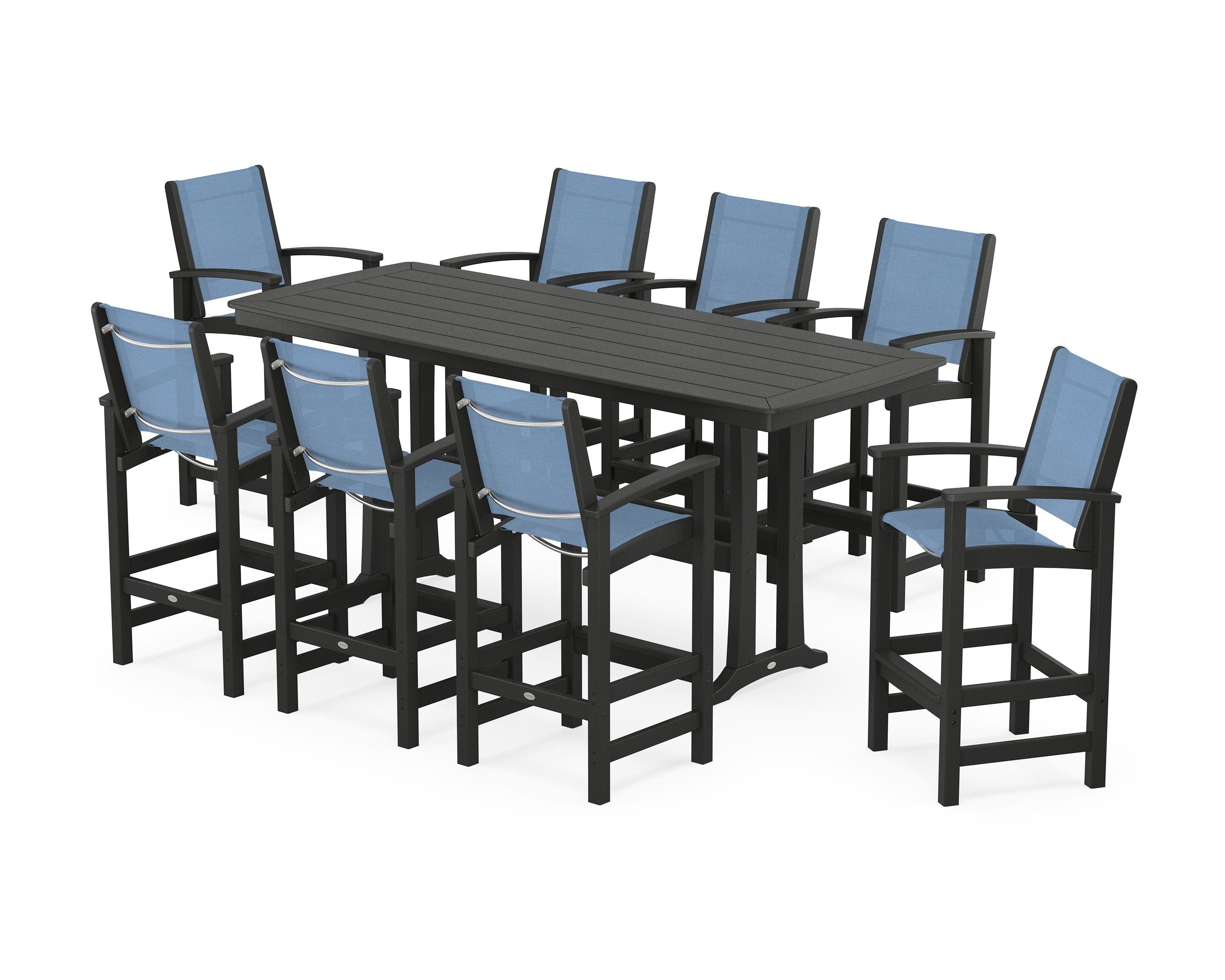POLYWOOD Coastal 9-Piece Bar Set with Trestle Legs in Black / Poolside Sling
