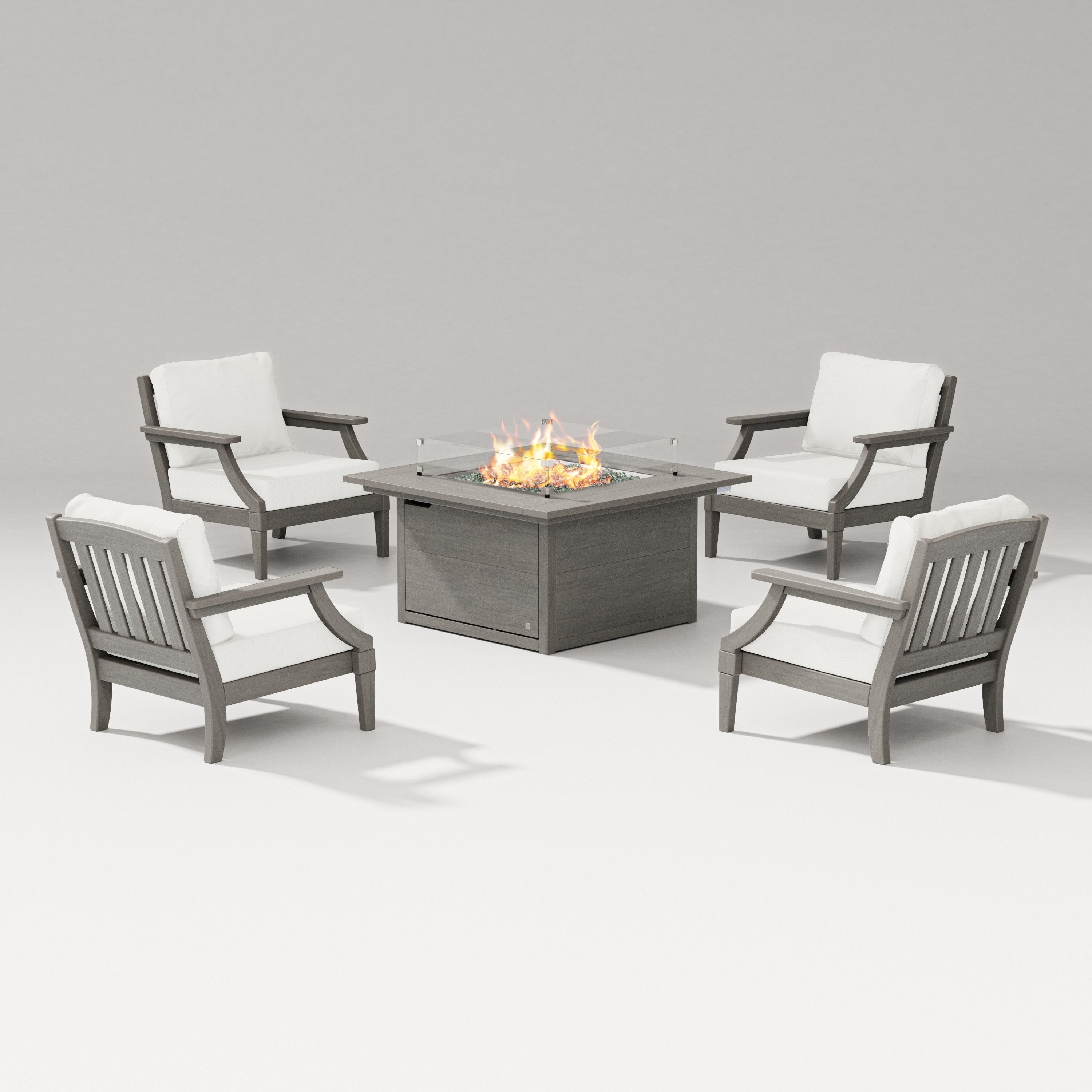 PW Designer Series Estate 5-Piece Lounge Fire Table Set in Driftwood / Natural Linen