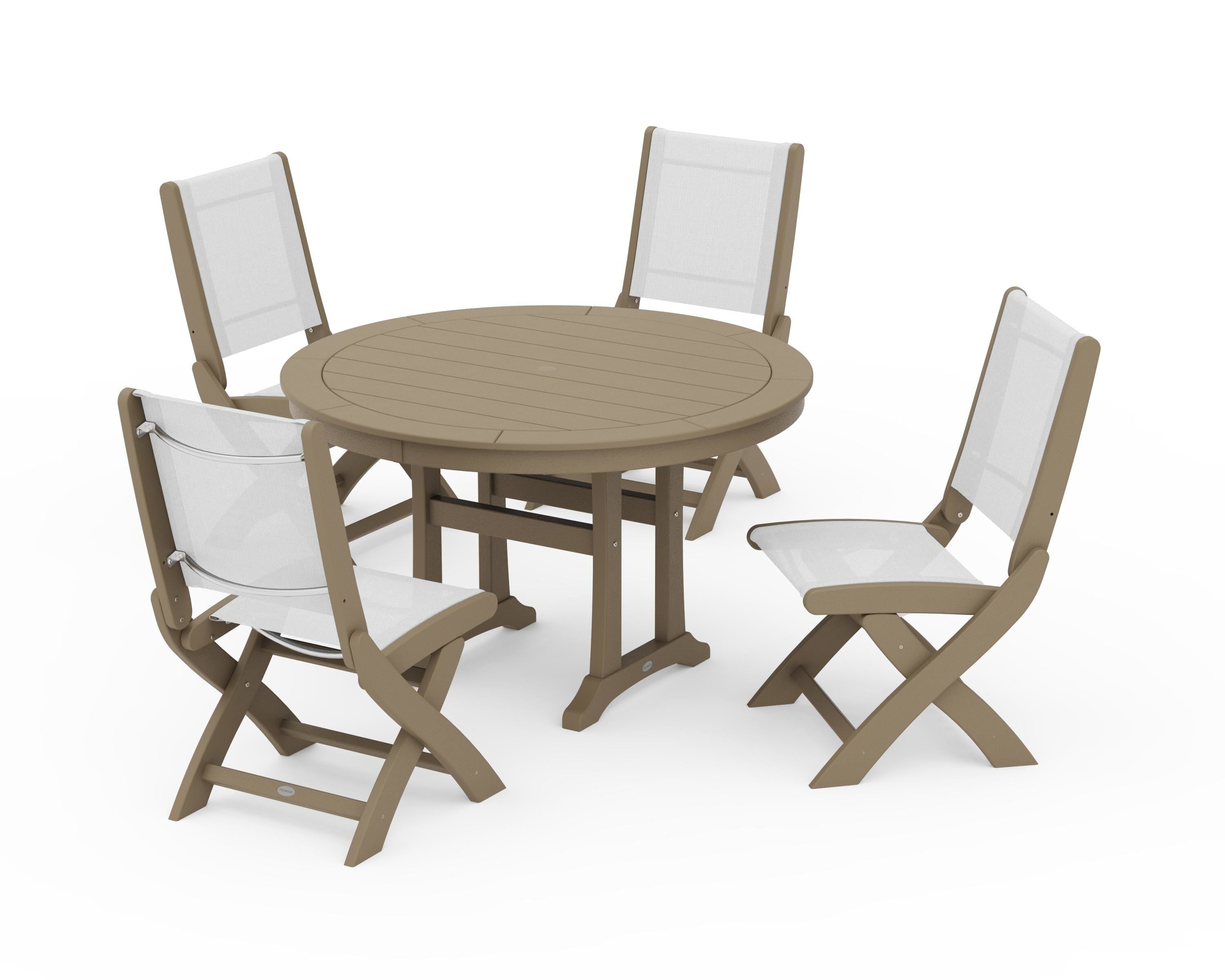 POLYWOOD Coastal Folding Side Chair 5-Piece Round Dining Set With Trestle Legs in Vintage Sahara / White Sling