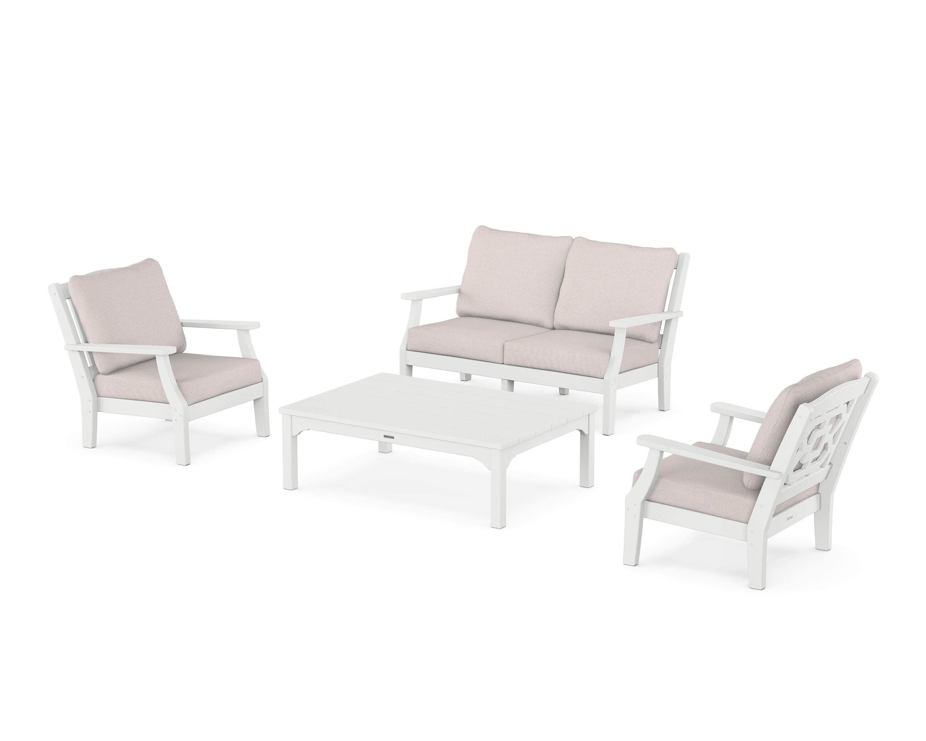 Martha Stewart by POLYWOOD Chinoiserie 4-Piece Deep Seating Set with Loveseat in White / Dune Burlap
