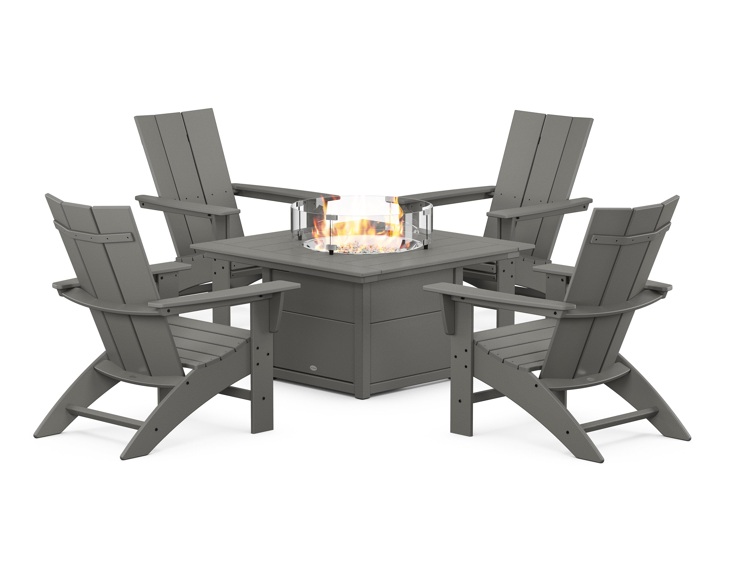 POLYWOOD® Modern Curveback Adirondack 5-Piece Conversation Set with Fire Pit Table in Slate Grey