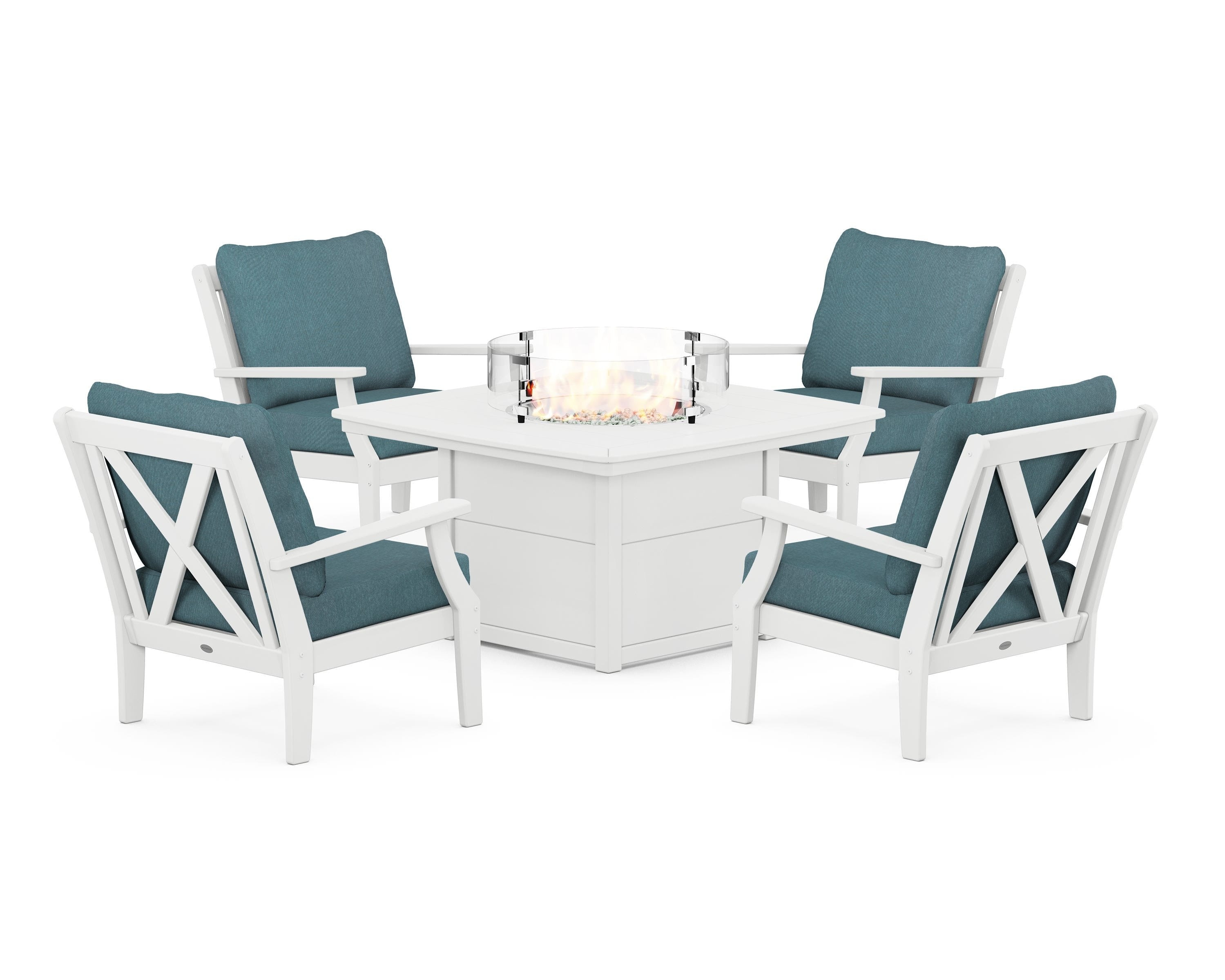 POLYWOOD Braxton 5-Piece Deep Seating Conversation Set with Fire Pit Table in White / Ocean Teal