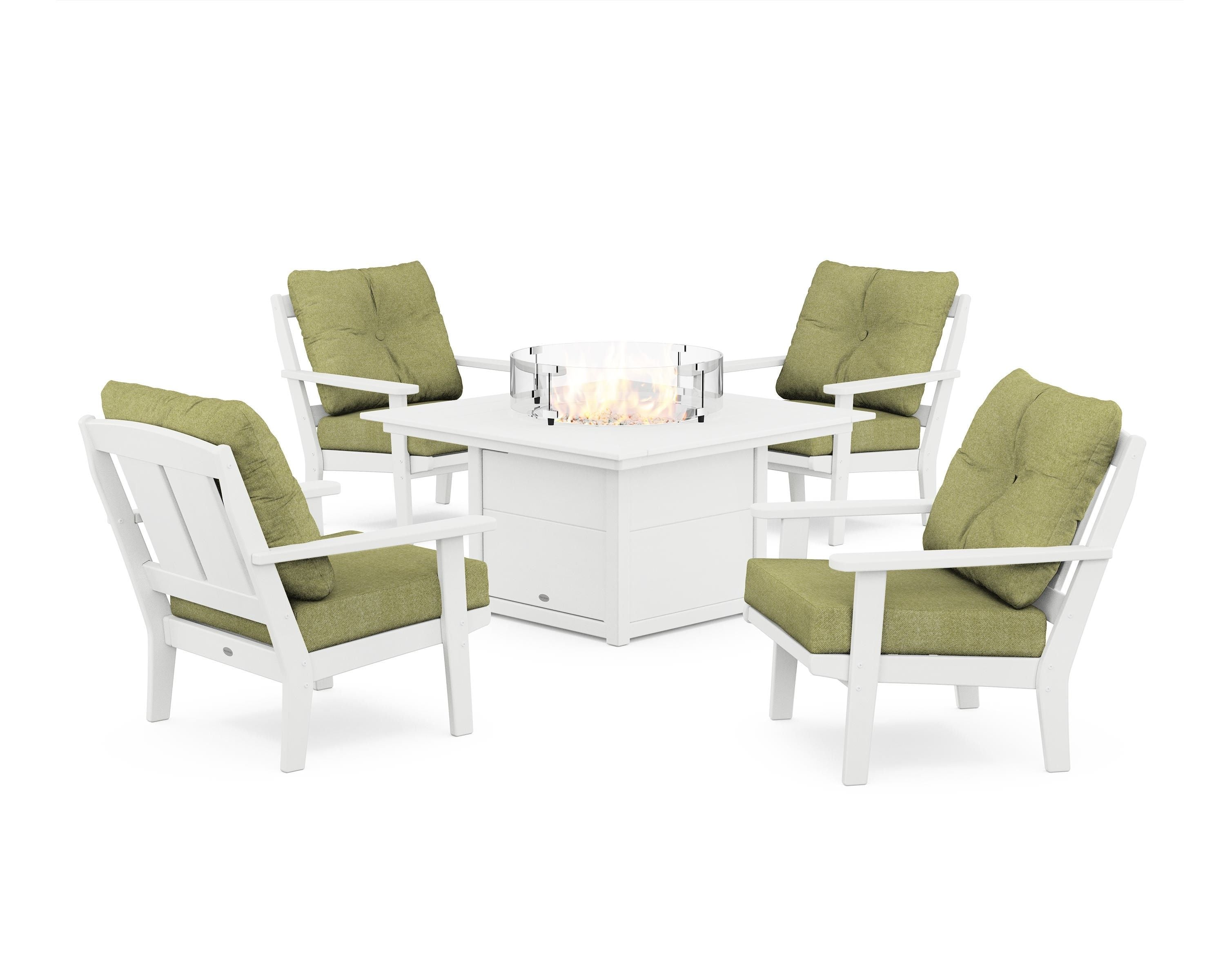 POLYWOOD Mission 5-Piece Deep Seating Set with Fire Pit Table in White / Chartreuse Boucle