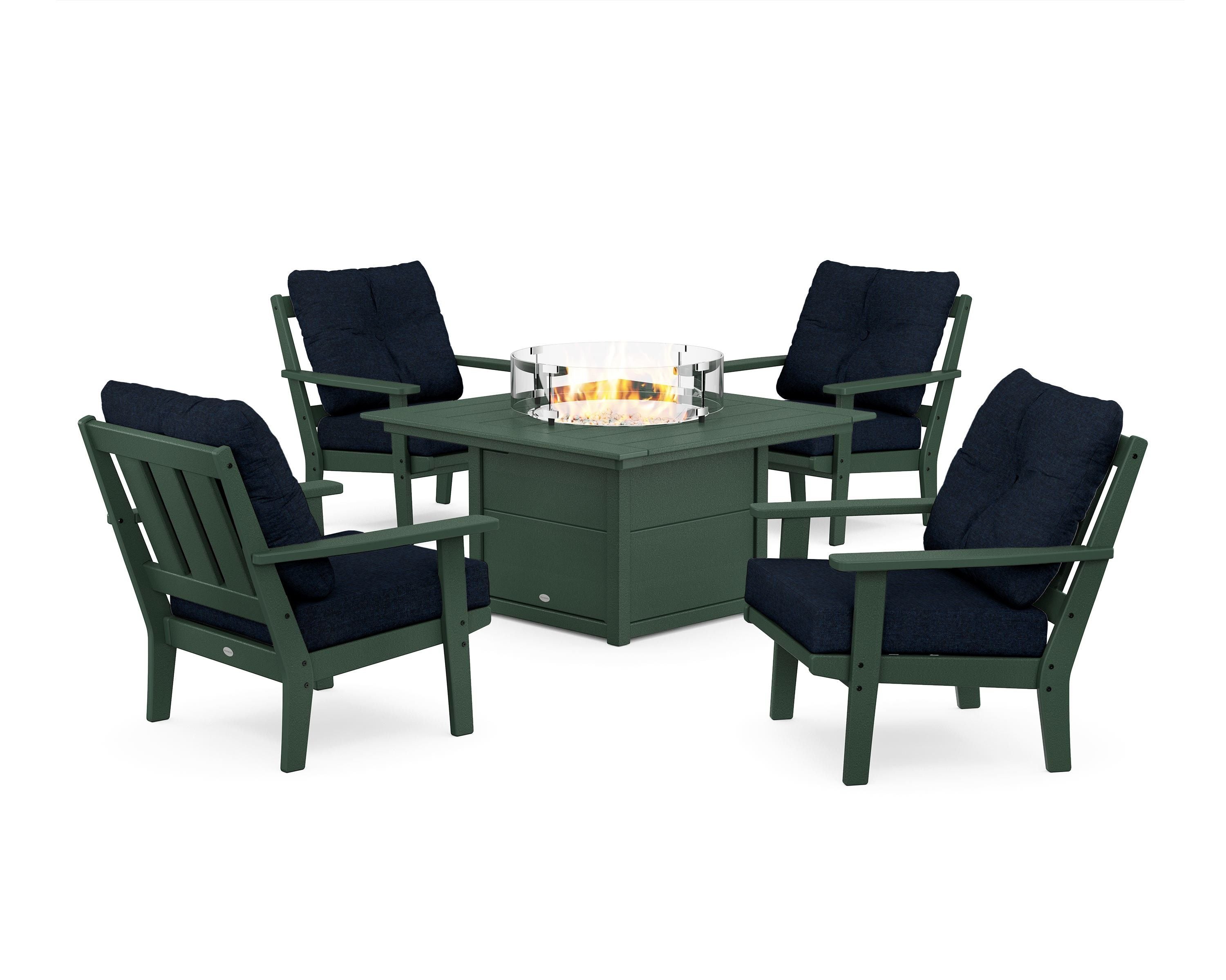 POLYWOOD Oxford 5-Piece Deep Seating Set with Fire Pit Table in Green / Marine Indigo