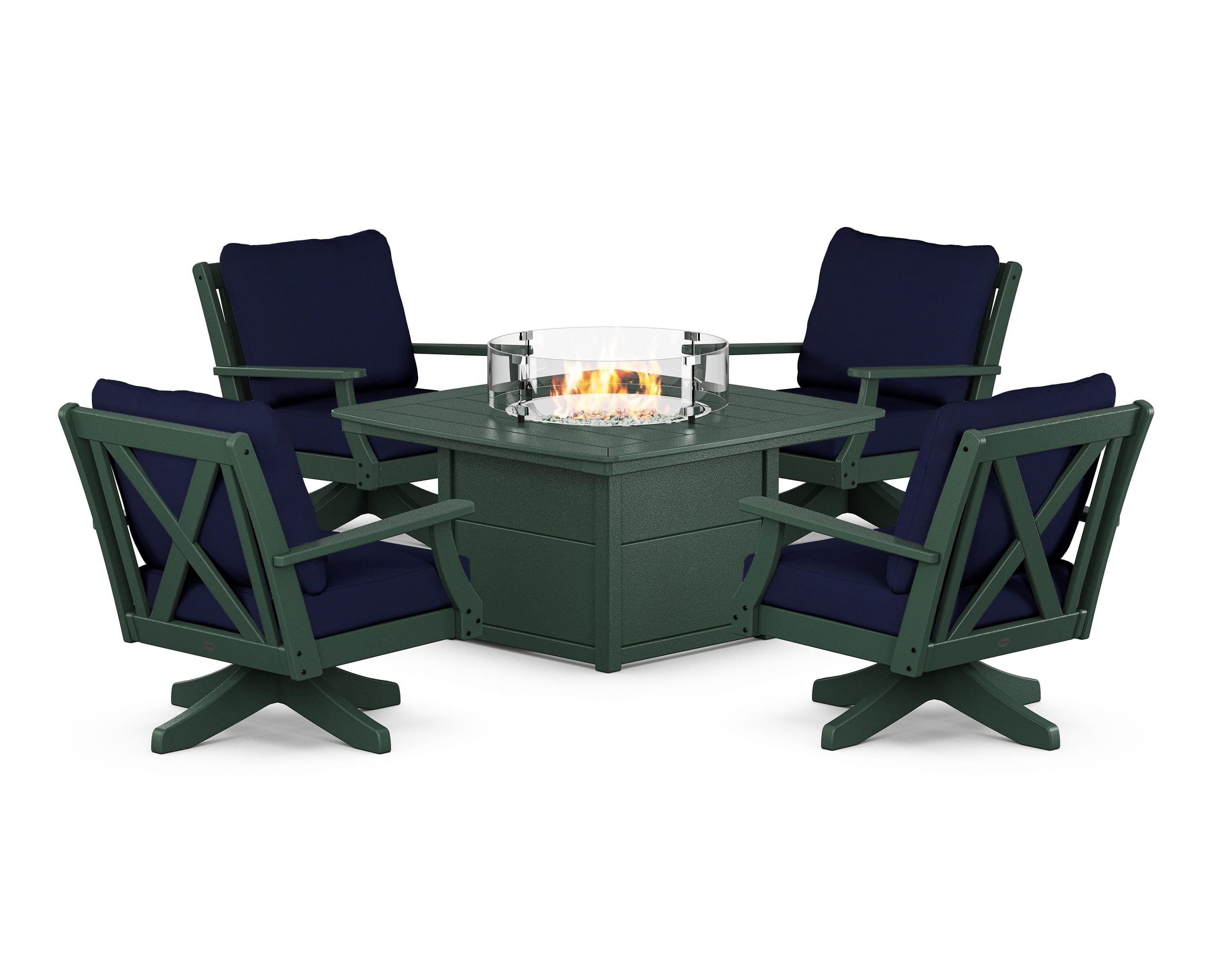 POLYWOOD Braxton 5-Piece Deep Seating Swivel Conversation Set with Fire Pit Table in Green / Navy