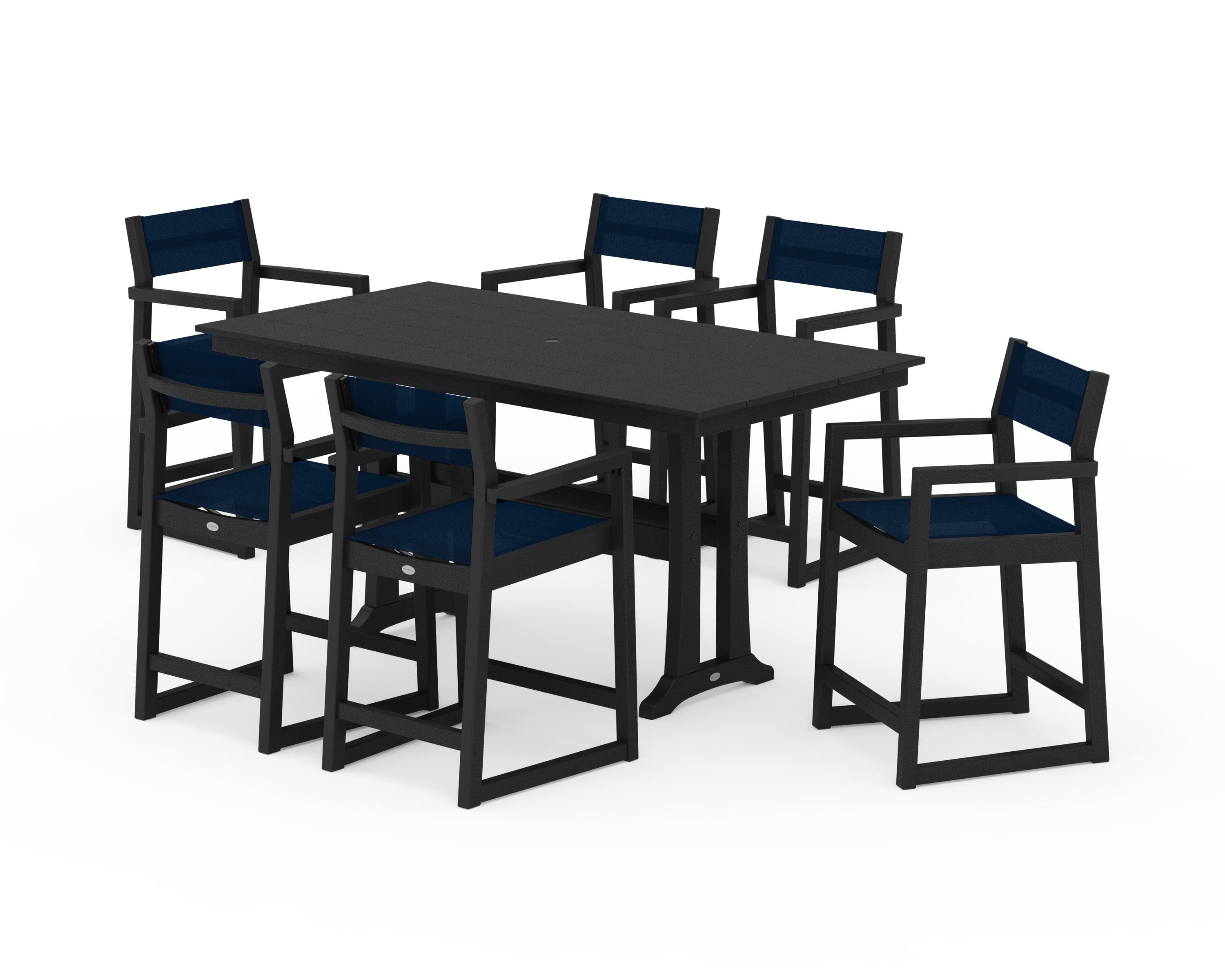 POLYWOOD EDGE Sling Arm Chair 7-Piece Farmhouse Counter Set with Trestle Legs in Black / Navy Blue Sling