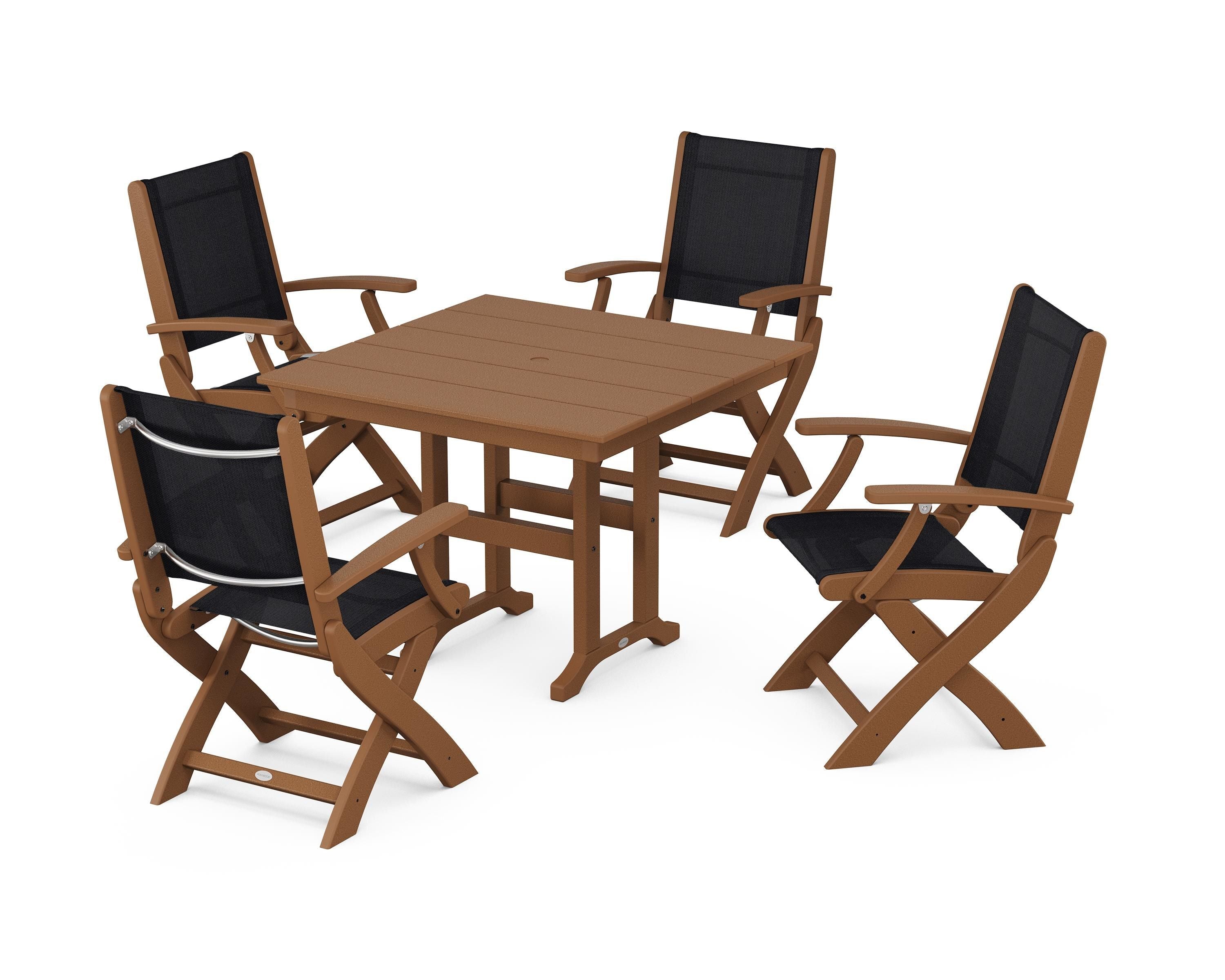 POLYWOOD Coastal Folding Chair 5-Piece Farmhouse Dining Set in Teak / Black Sling