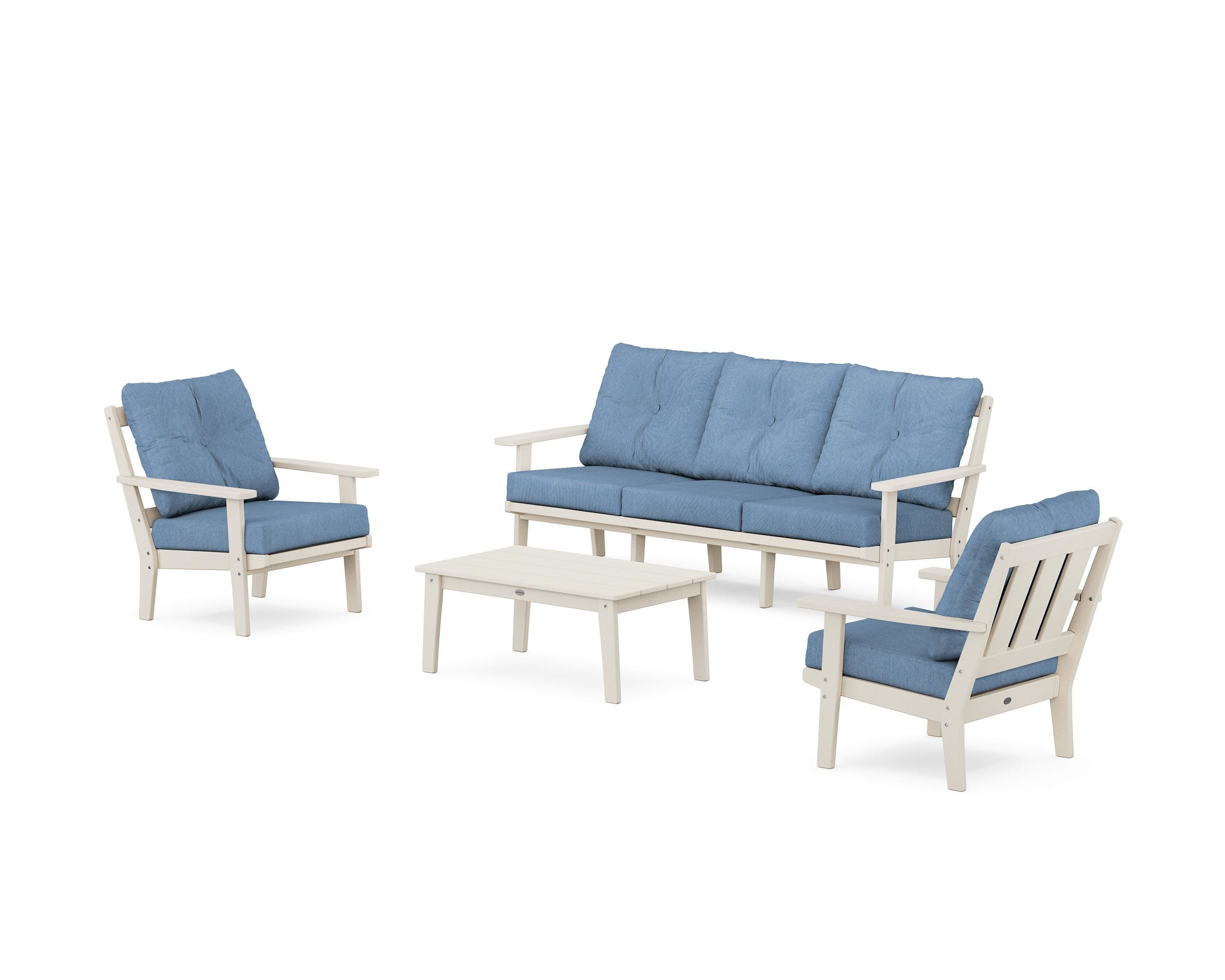 POLYWOOD Oxford 4-Piece Deep Seating Set with Sofa in Sand / Sky Blue