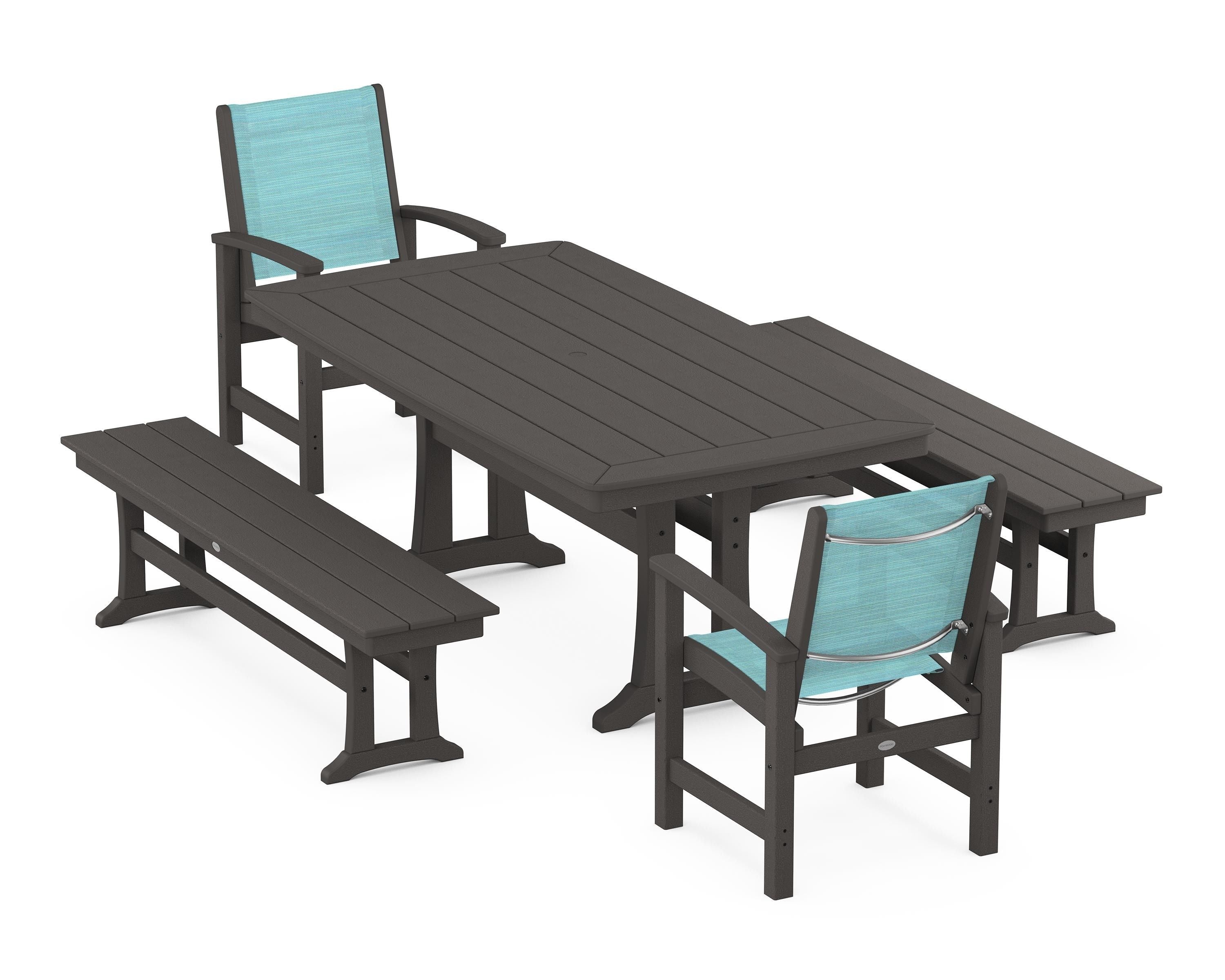 POLYWOOD Coastal 5-Piece Dining Set with Trestle Legs and Benches in Vintage Coffee / Dupioni Aquamarine Sling