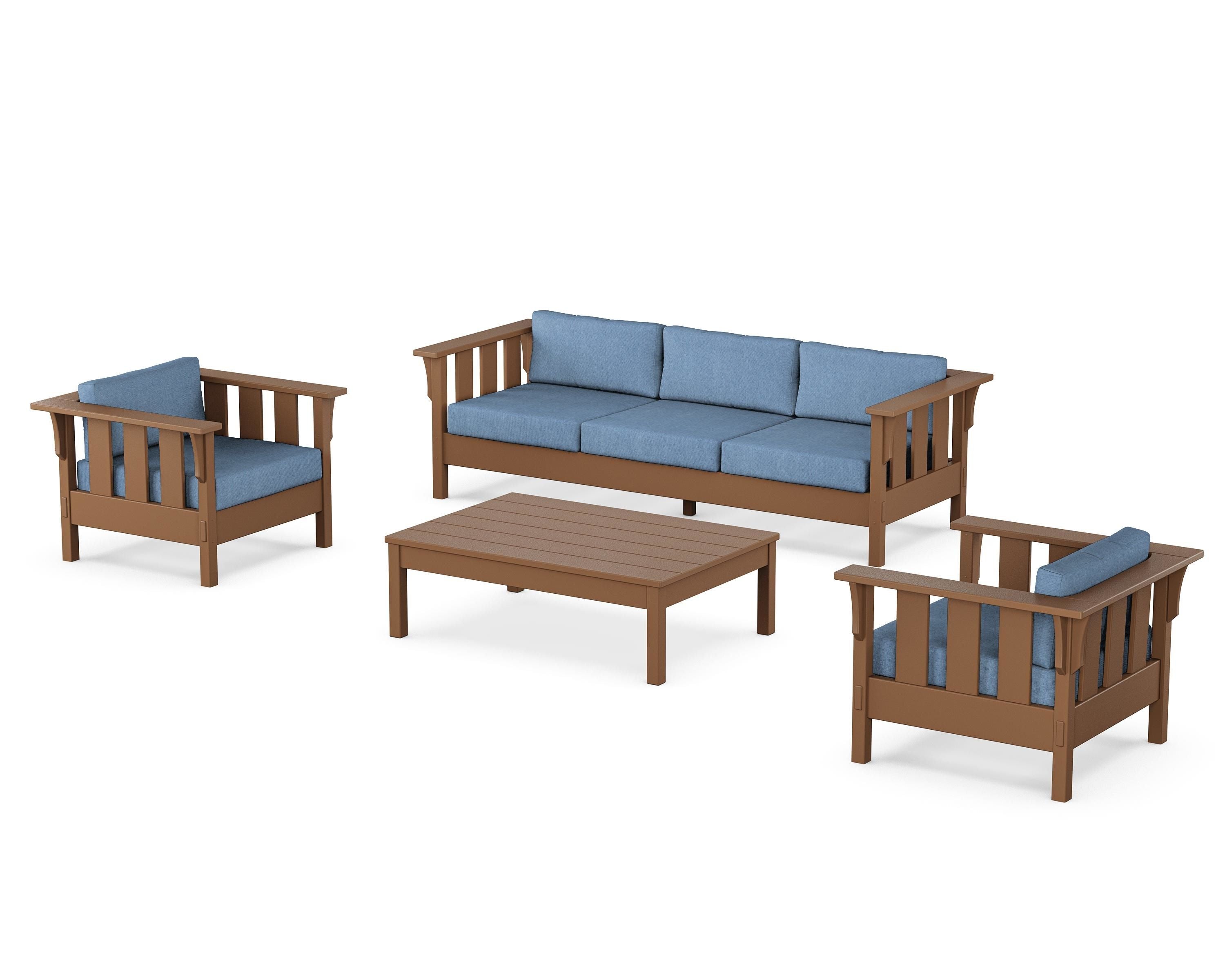 Martha Stewart by POLYWOOD Acadia 4-Piece Deep Seating Set with Sofa in Teak / Sky Blue