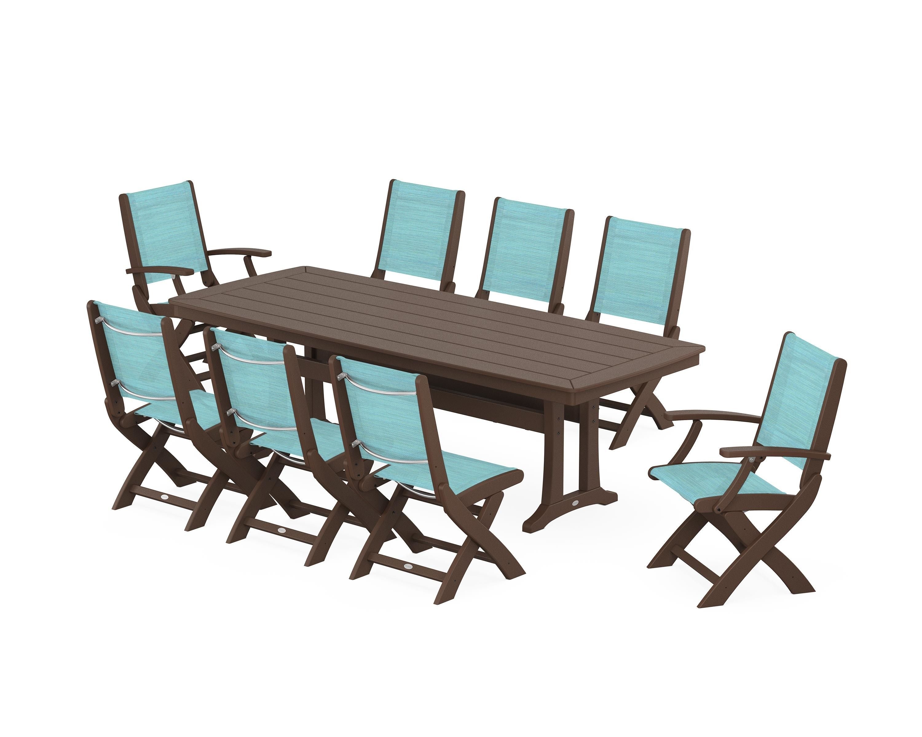 POLYWOOD Coastal Folding 9-Piece Dining Set with Trestle Legs in Mahogany / Dupioni Aquamarine Sling
