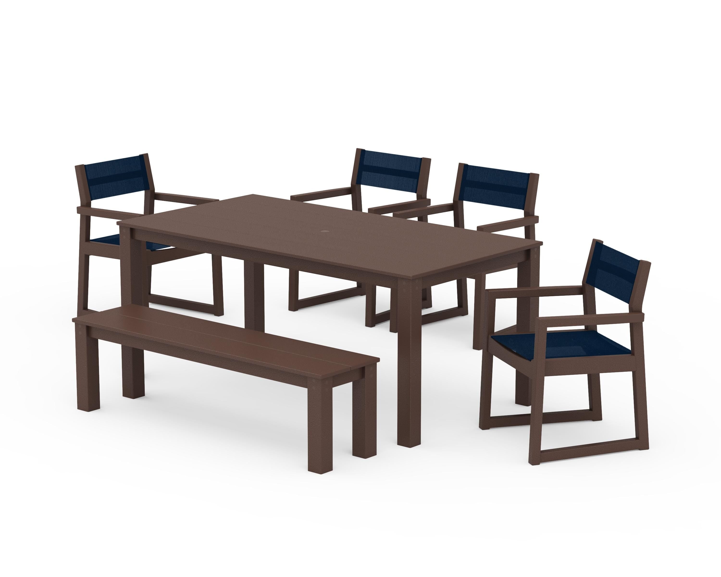POLYWOOD EDGE Sling Arm Chair 6-Piece Parsons Dining Set with Bench in Mahogany / Navy Blue Sling