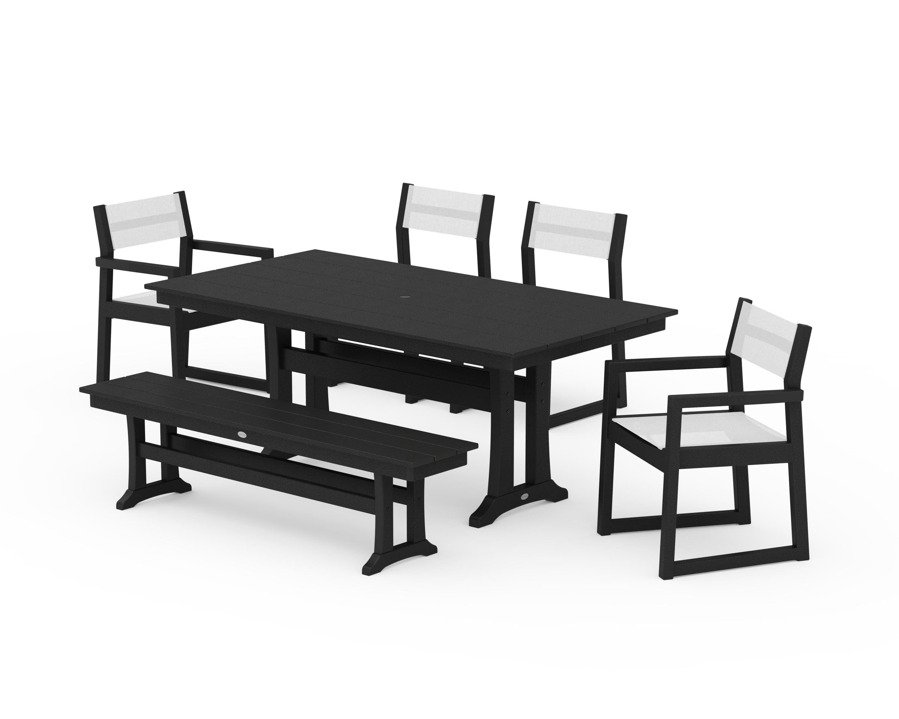 POLYWOOD EDGE Sling 6-Piece Farmhouse Dining Set With Trestle Legs in Black / White Sling
