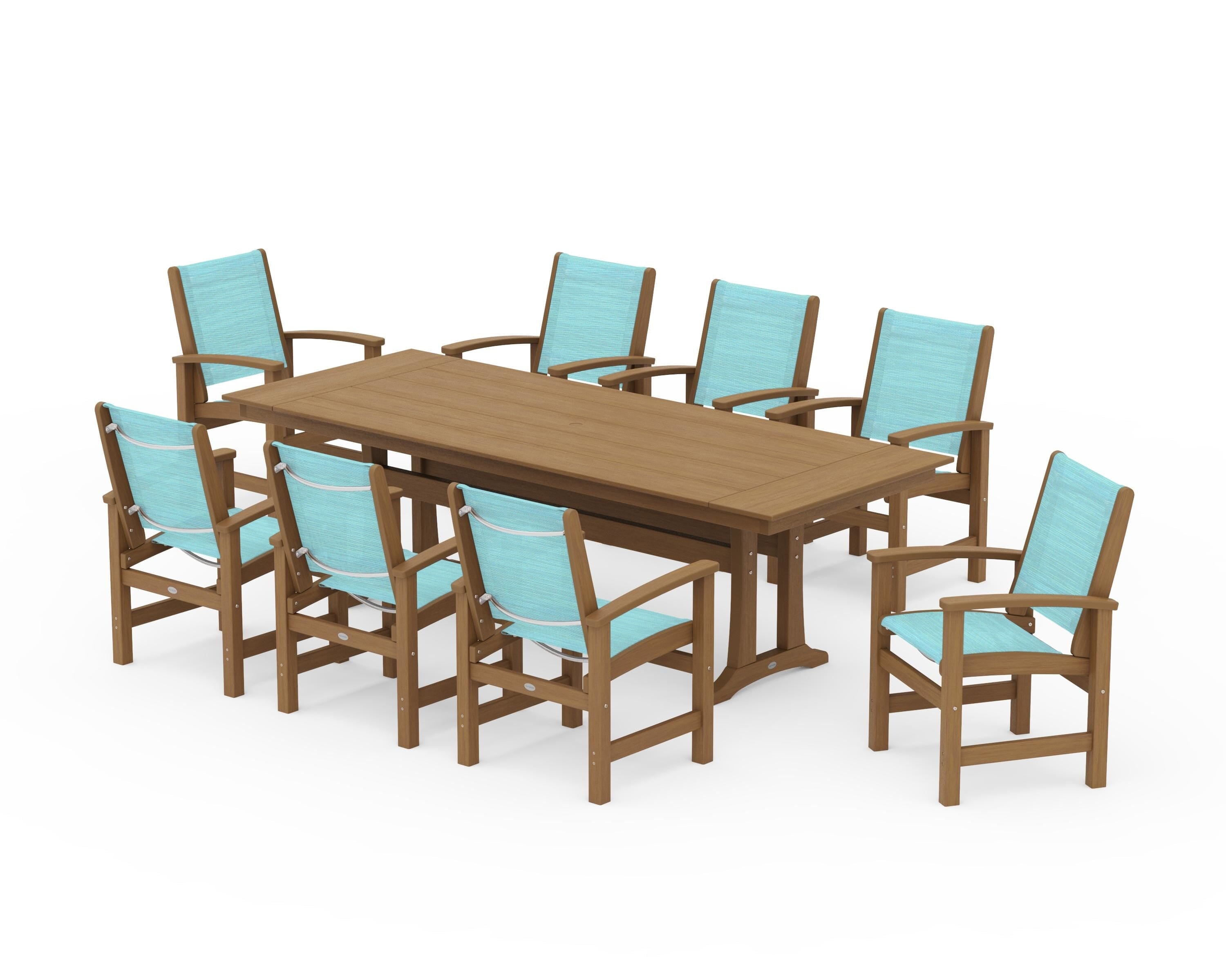 POLYWOOD Coastal 9-Piece Farmhouse Dining Set with Trestle Legs in Natural / Dupioni Aquamarine Sling