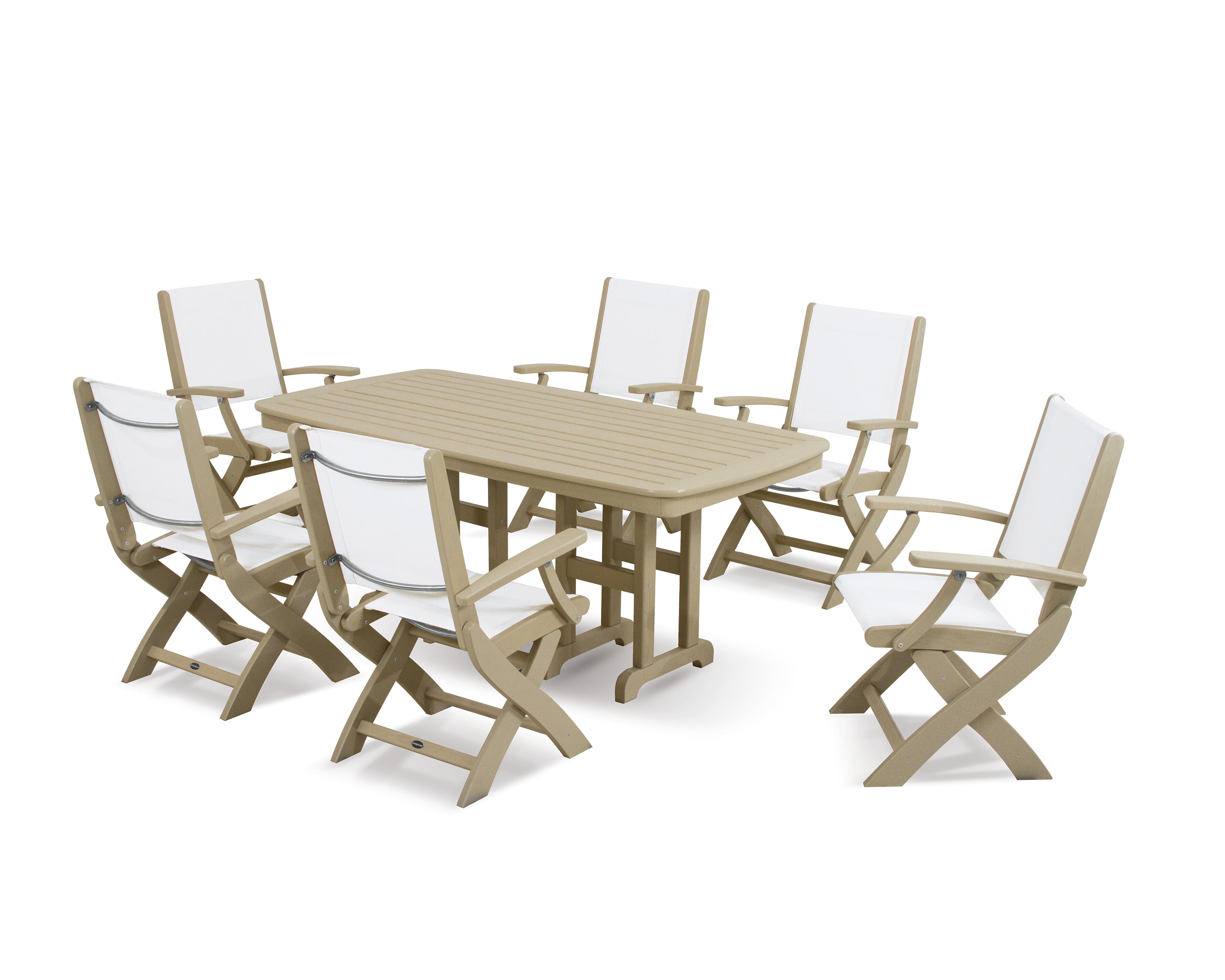 POLYWOOD Coastal Folding Arm Chair 7-Piece Dining Set in Sand / White Sling