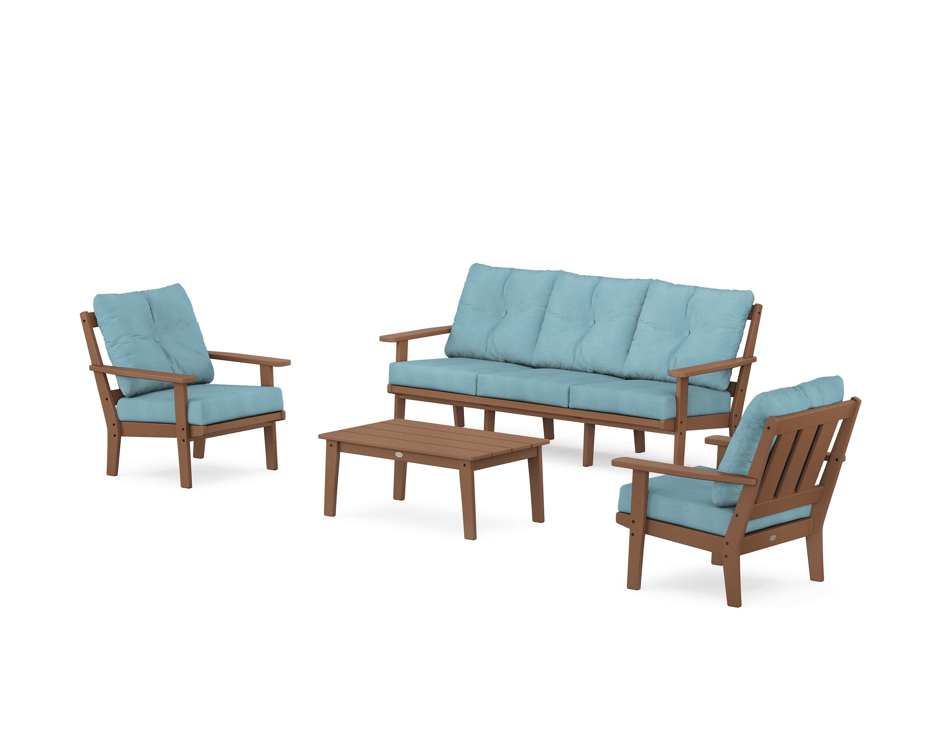 POLYWOOD Oxford 4-Piece Deep Seating Set with Sofa in Teak / Lattice Sky Blue