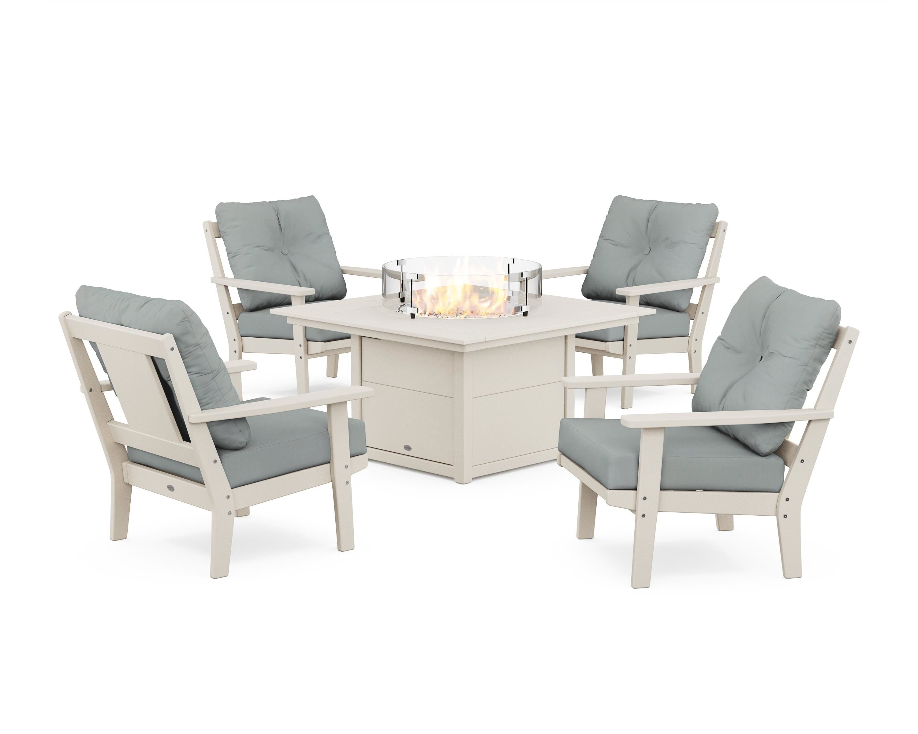 POLYWOOD Prairie 5-Piece Deep Seating Set with Fire Pit Table in Sand / Spa