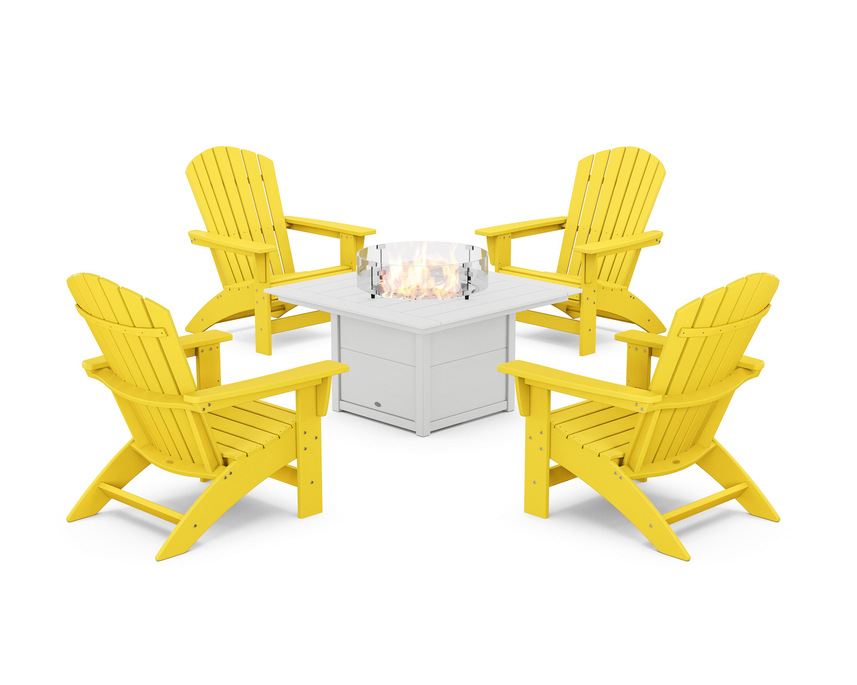 POLYWOOD® 5-Piece Nautical Grand Adirondack Conversation Set with Fire Pit Table in Lemon / White