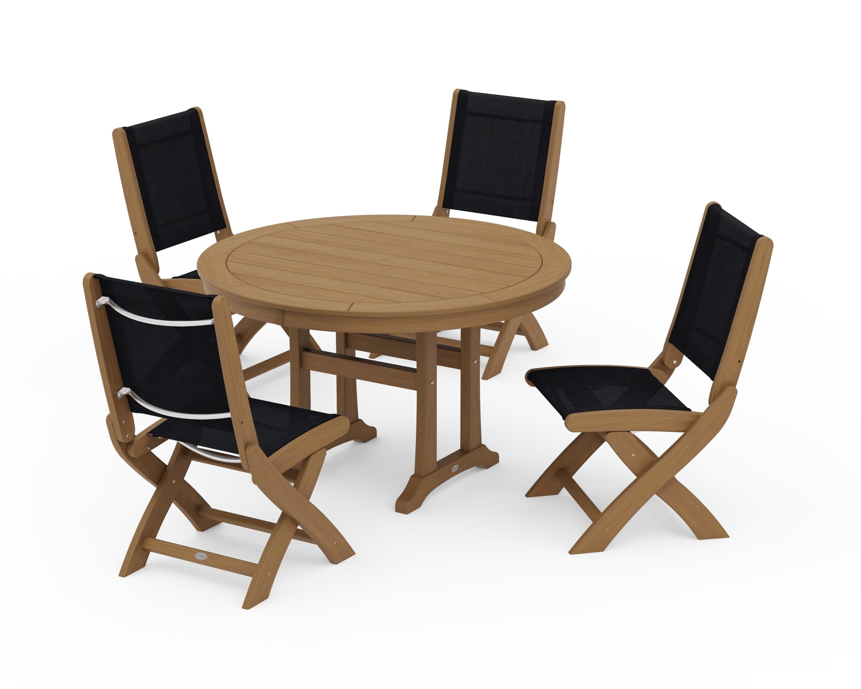 POLYWOOD Coastal Folding Side Chair 5-Piece Round Dining Set With Trestle Legs in Natural / Black Sling