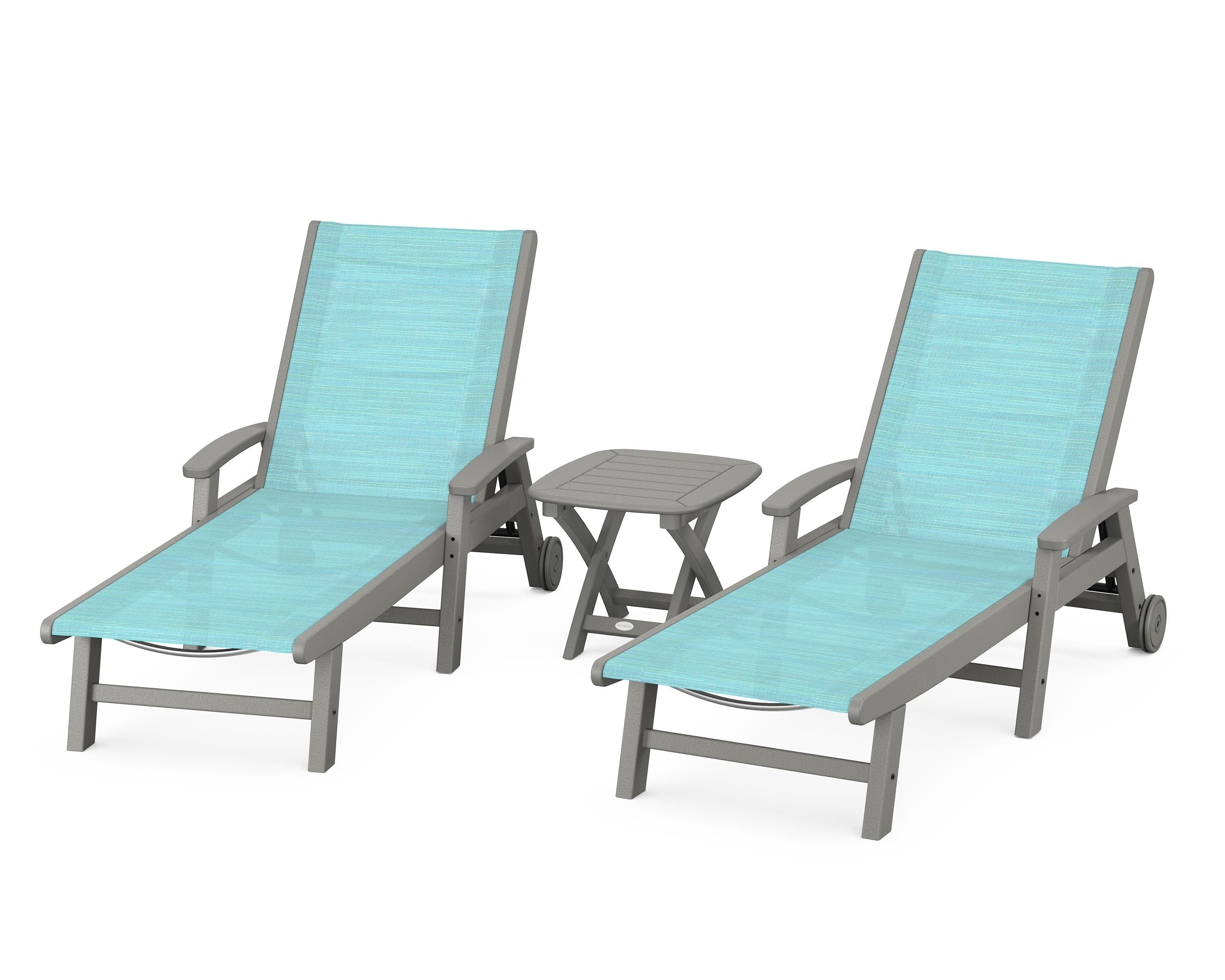 POLYWOOD Coastal 3-Piece Wheeled Chaise Set in Slate Grey / Dupioni Aquamarine Sling