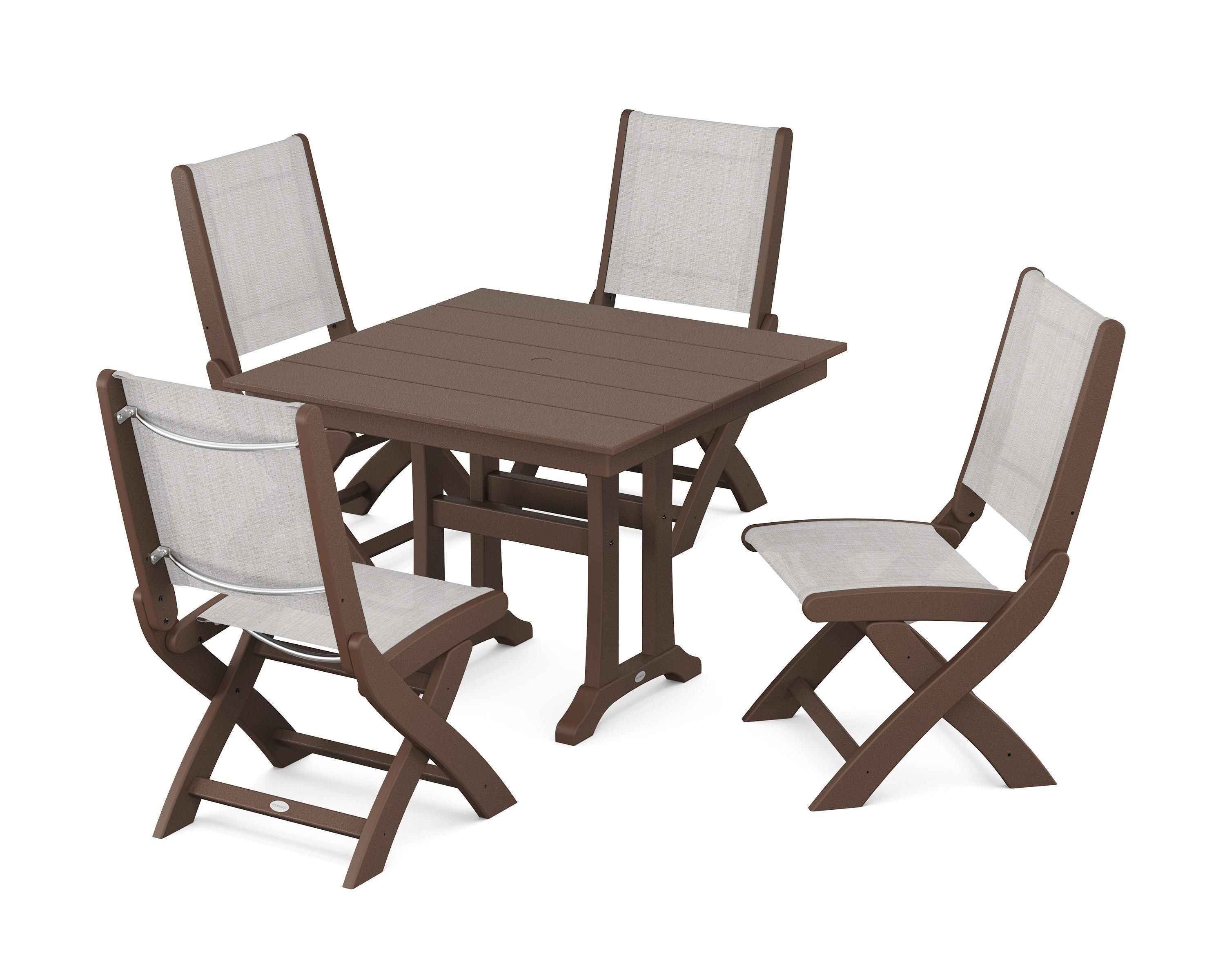 POLYWOOD Coastal Folding Side Chair 5-Piece Farmhouse Dining Set With Trestle Legs in Mahogany / Parchment Sling
