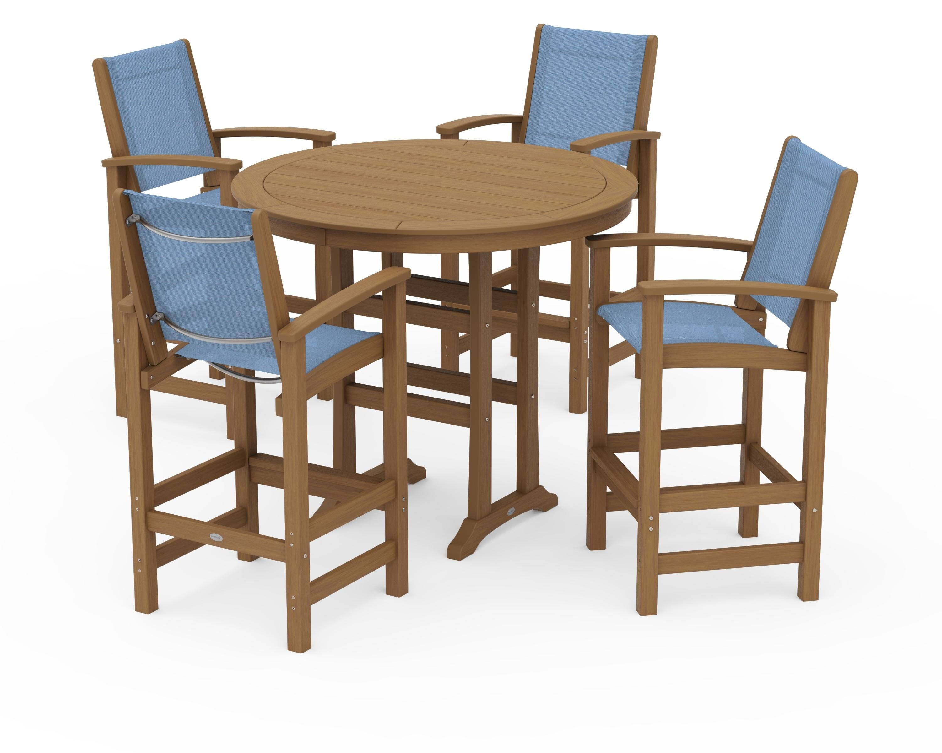 POLYWOOD Coastal 5-Piece Nautical Trestle Bar Set in Natural / Poolside Sling