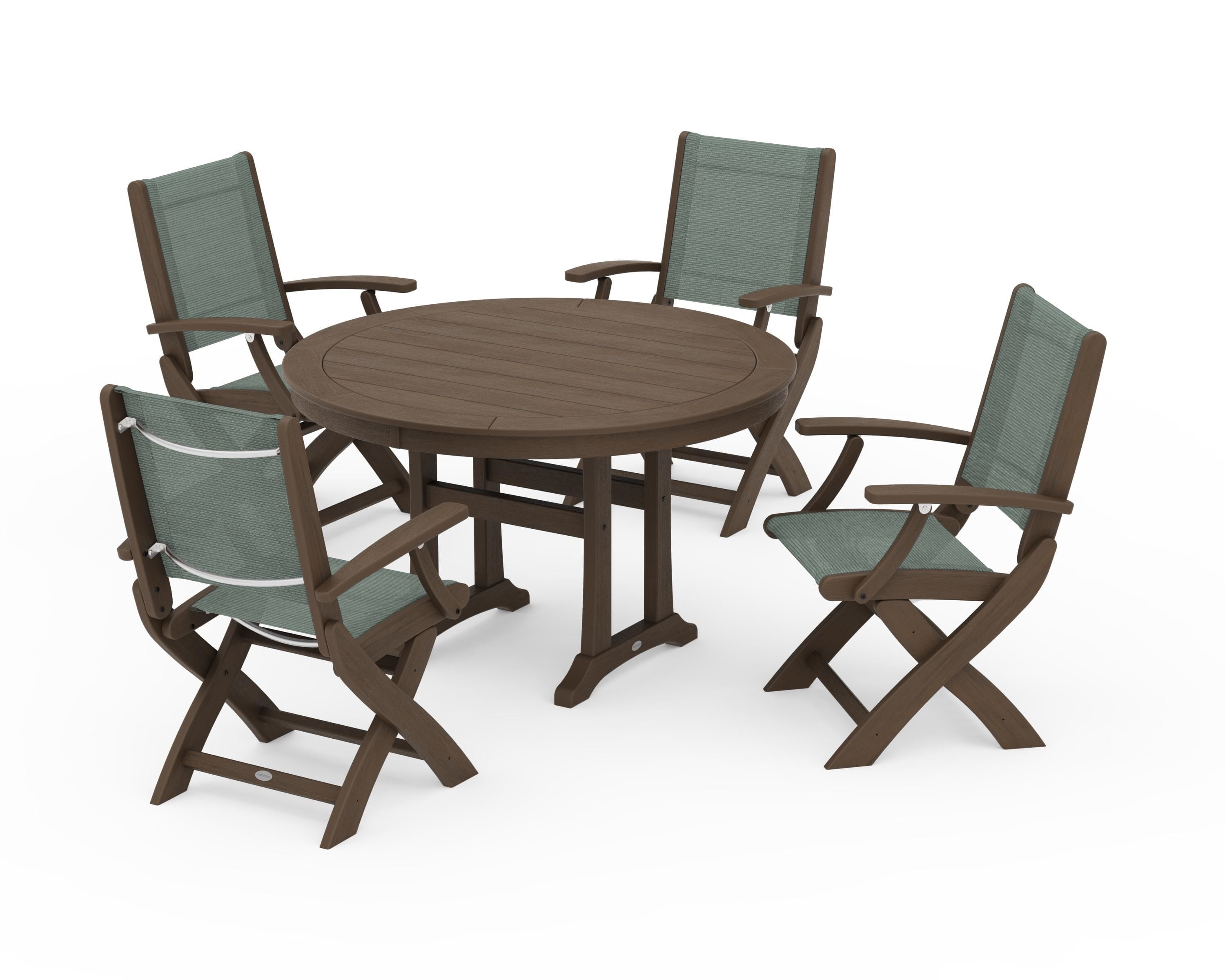POLYWOOD Coastal Folding Chair 5-Piece Round Dining Set with Trestle Legs in Kona / Dupioni Sea Mist Sling
