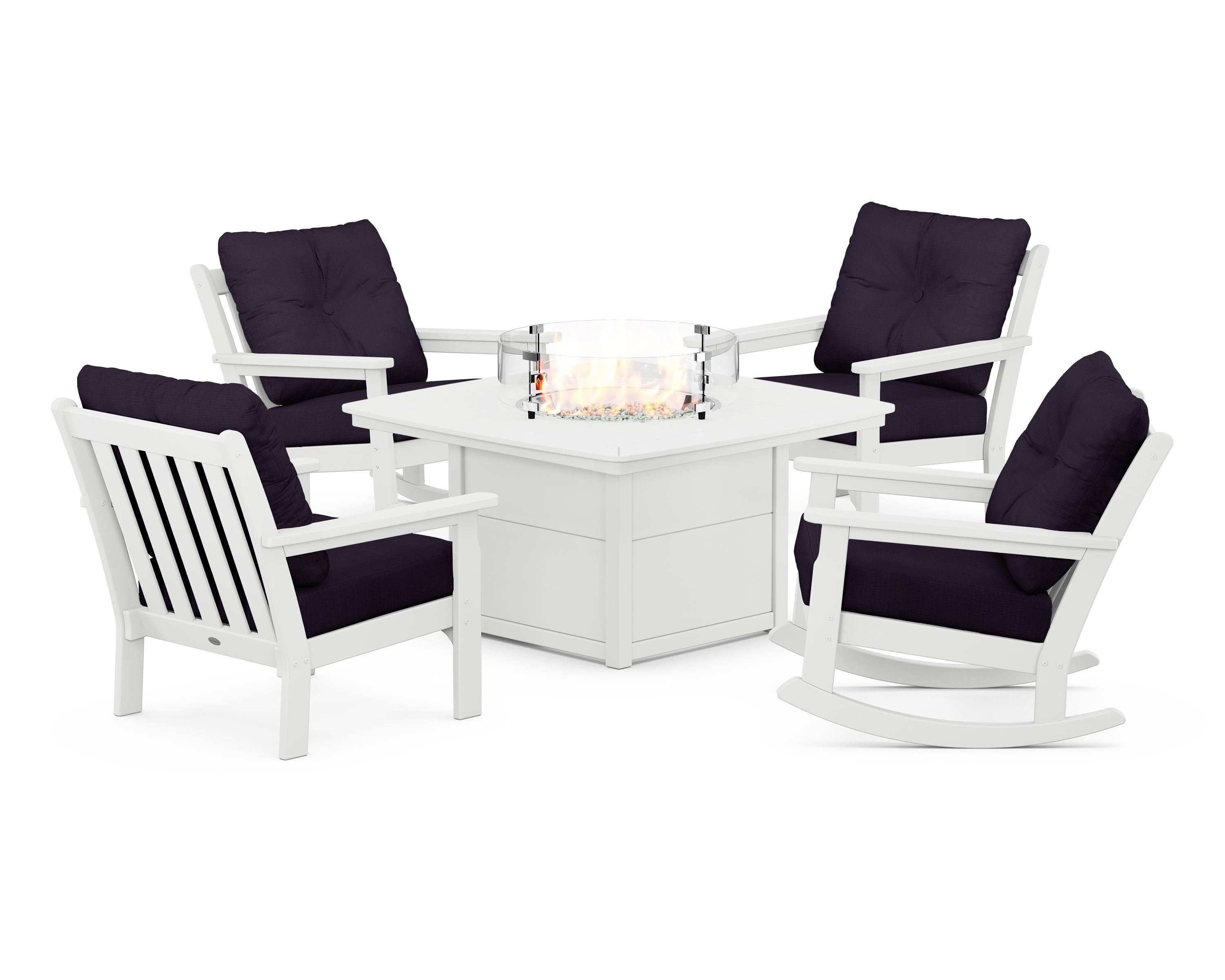 POLYWOOD Vineyard 5-Piece Deep Seating Rocking Chair Conversation Set with Fire Pit Table in White / Navy Linen
