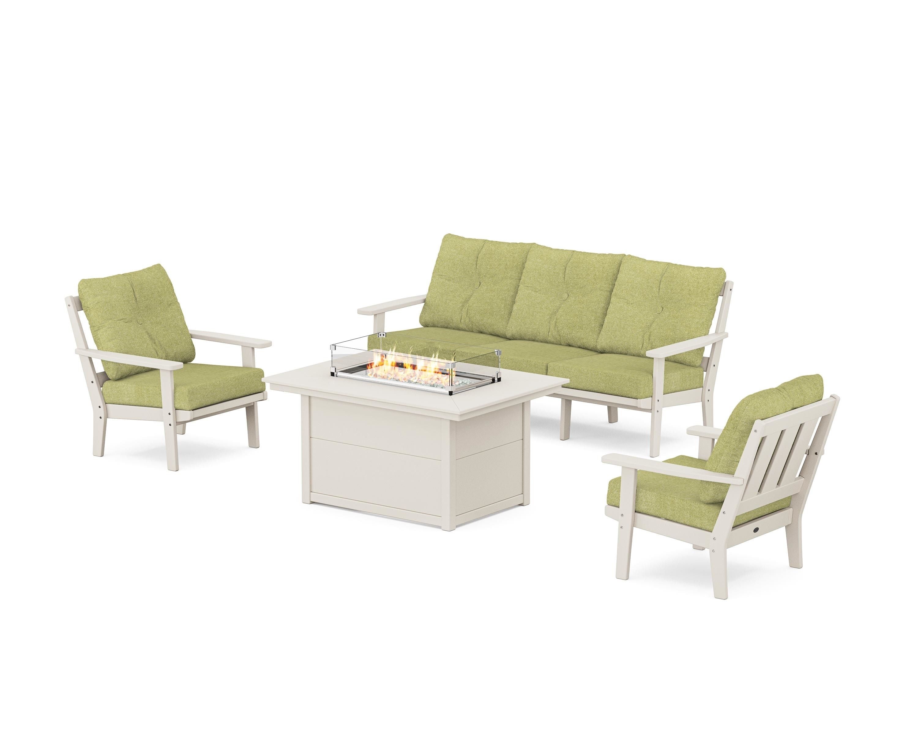 POLYWOOD Oxford Deep Seating Fire Pit Table Set in Sand / Chartreuse Boucle