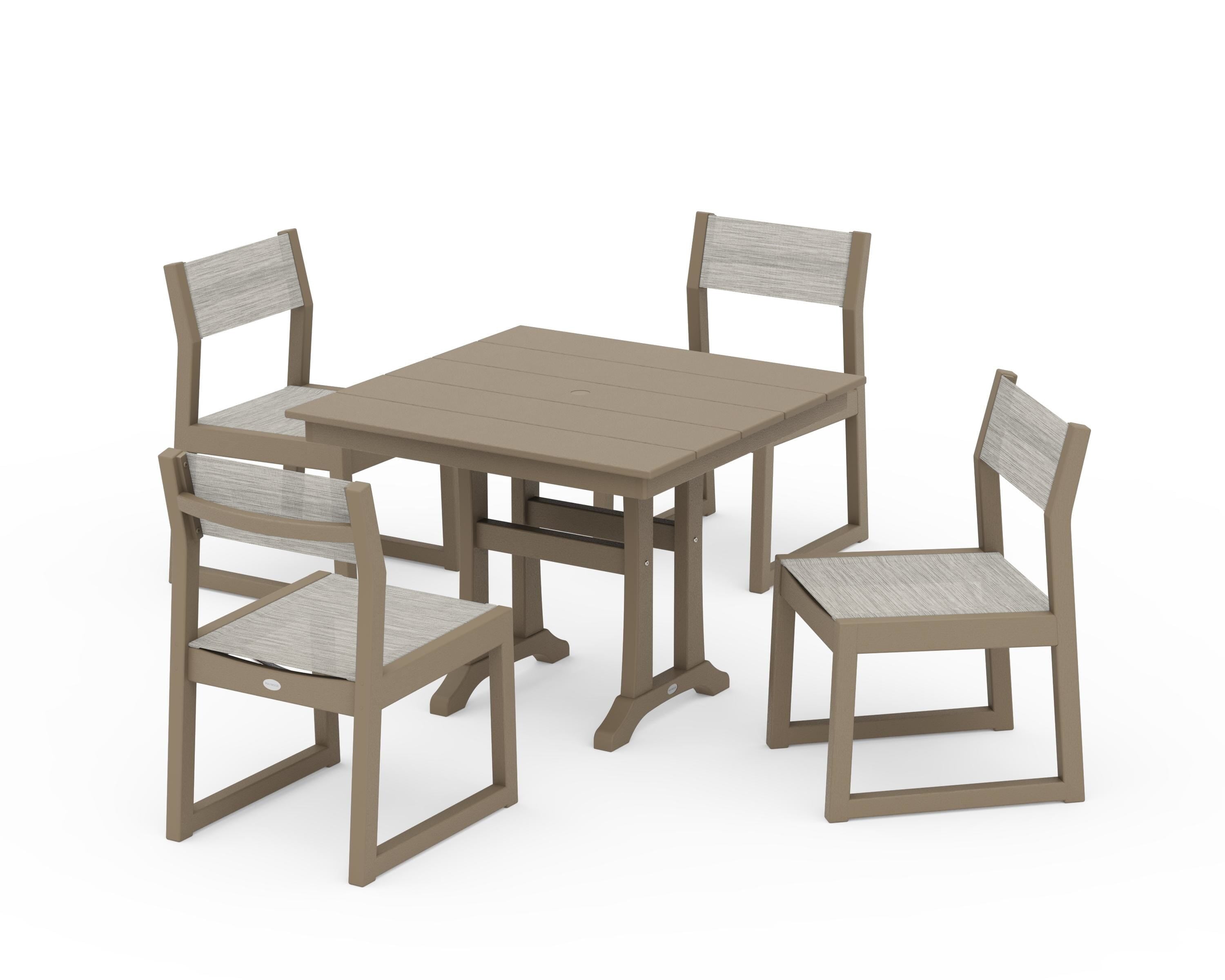 POLYWOOD EDGE Sling 5-Piece Farmhouse Trestle Side Chair Dining Set in Vintage Sahara / Birch Sling