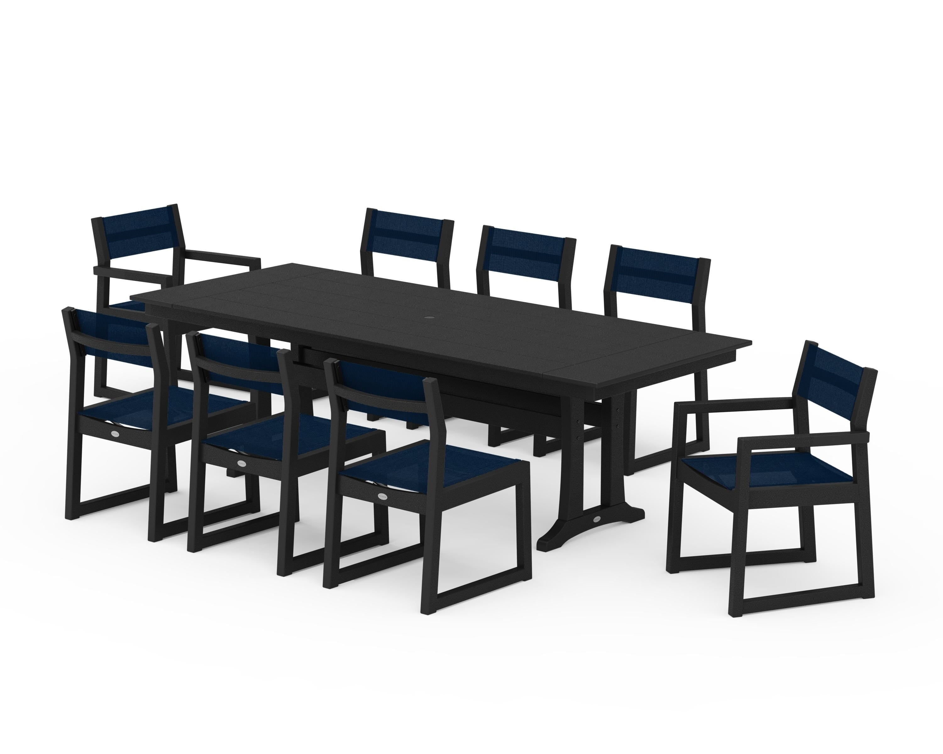 POLYWOOD EDGE Sling 9-Piece Farmhouse Trestle Dining Set in Black / Navy Blue Sling