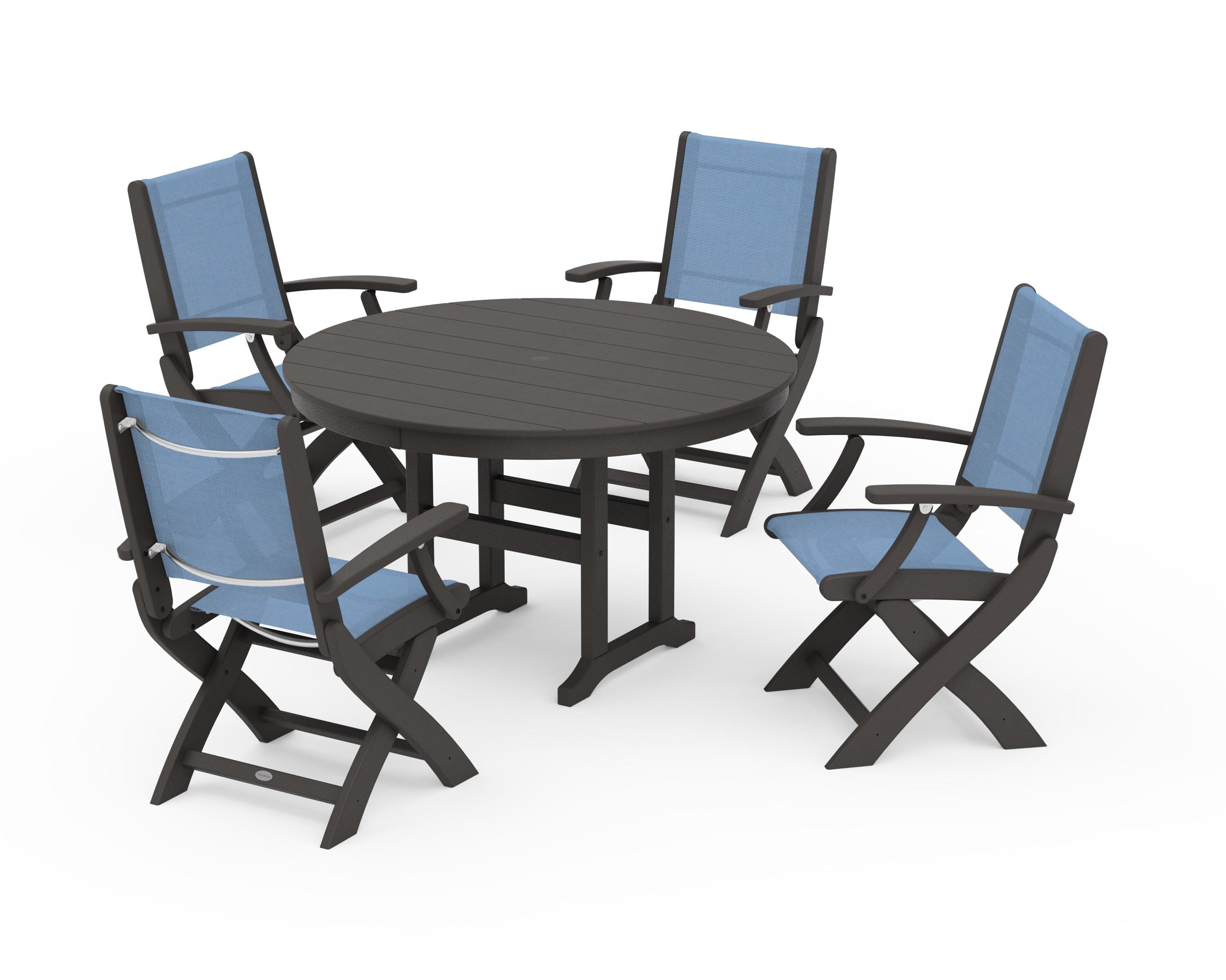POLYWOOD Coastal Folding Chair 5-Piece Round Dining Set in Vintage Coffee / Poolside Sling