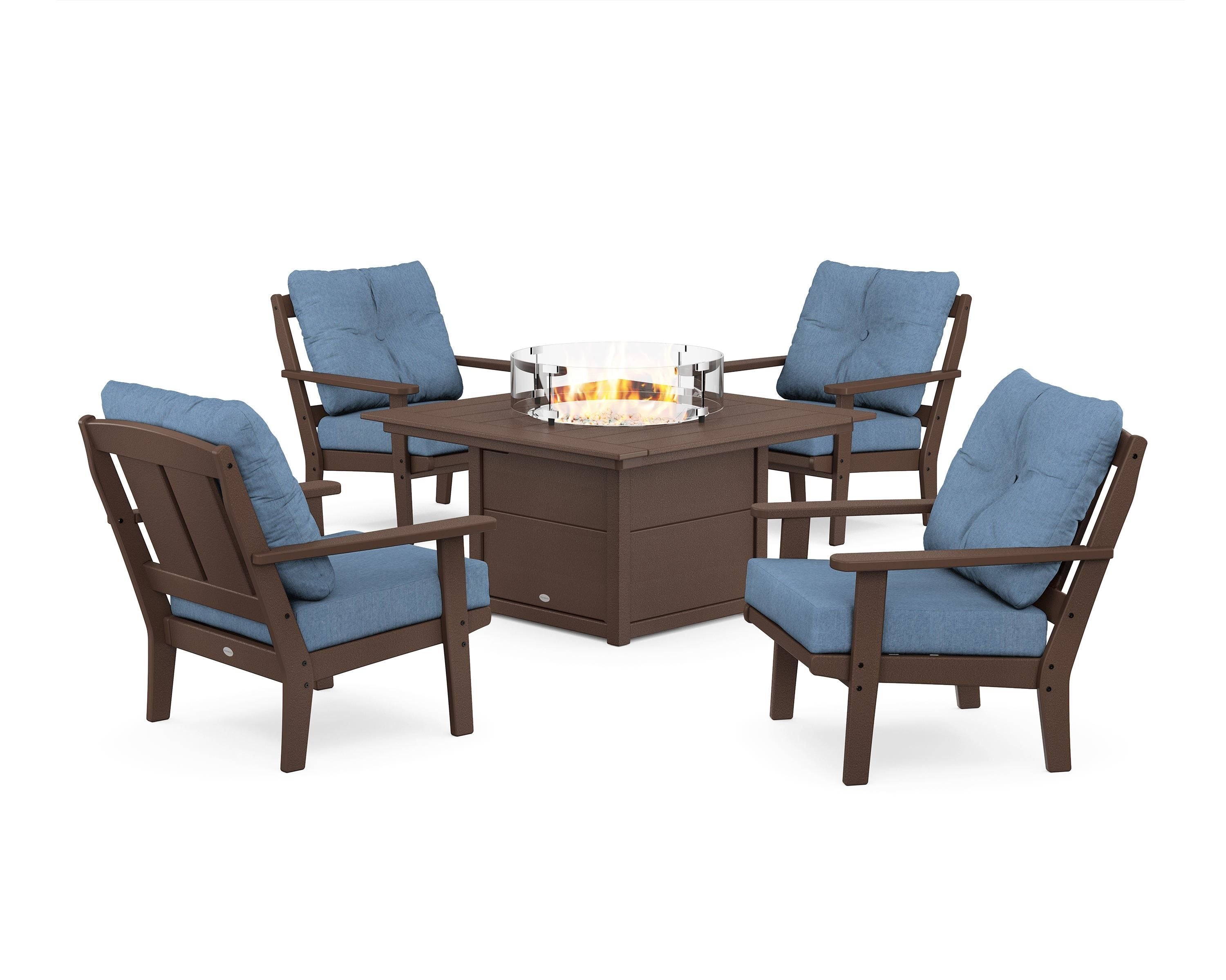 POLYWOOD Mission 5-Piece Deep Seating Set with Fire Pit Table in Mahogany / Sky Blue