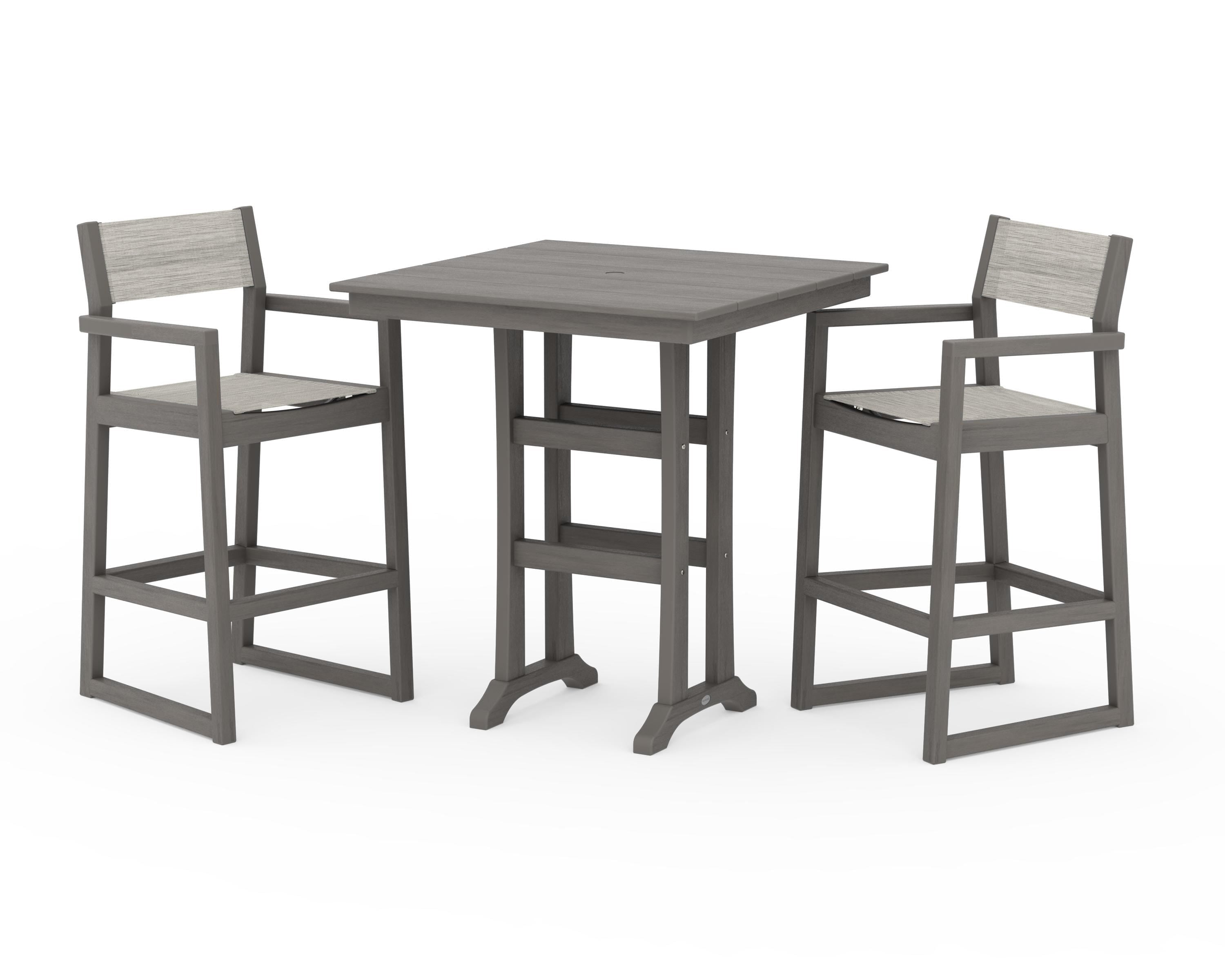 POLYWOOD EDGE Sling Arm Chair 3-Piece Farmhouse Bar Set with Trestle Legs in Driftwood / Birch Sling