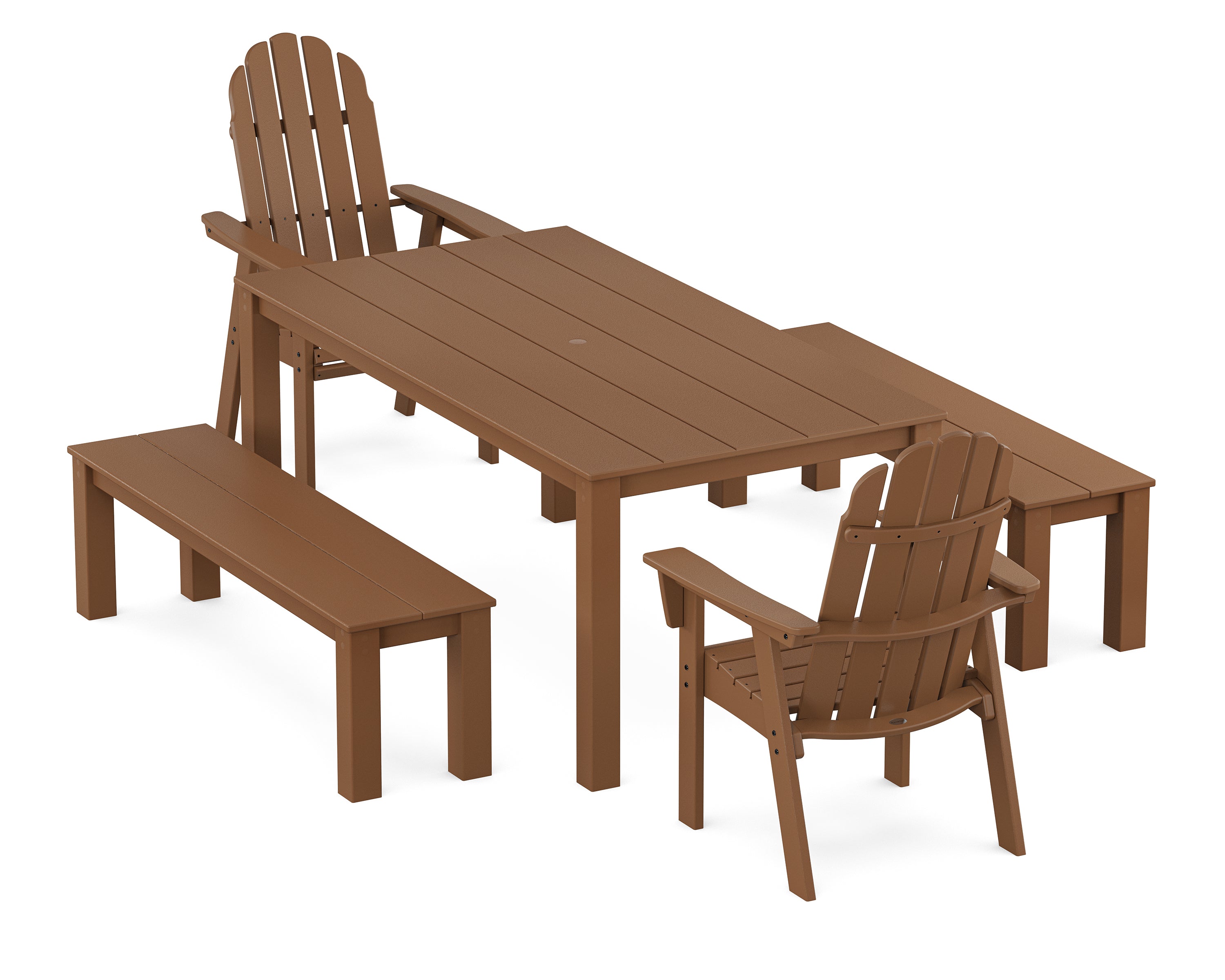 POLYWOOD® Vineyard Curveback Adirondack 5-Piece Parsons Dining Set with Benches in Teak