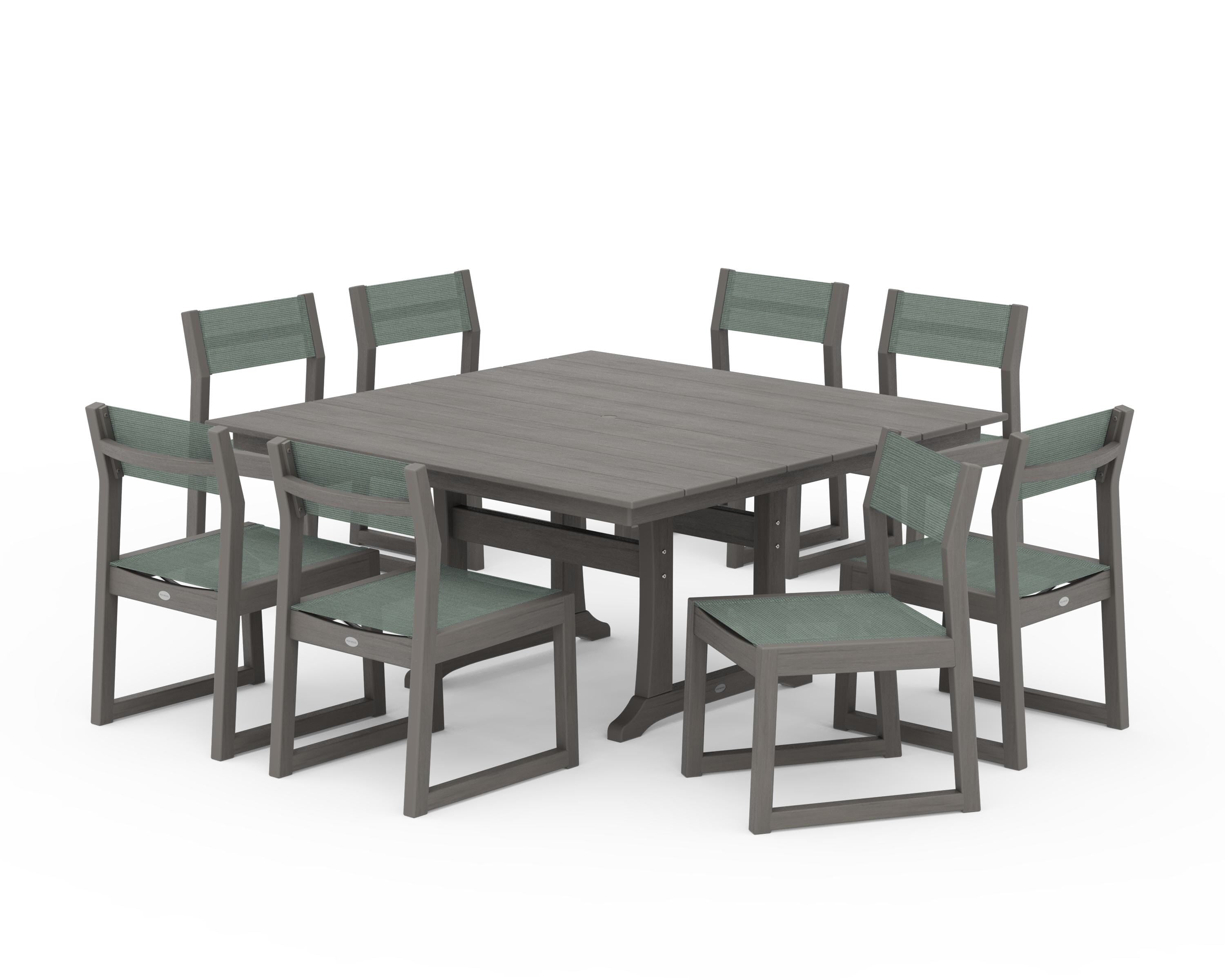POLYWOOD EDGE Sling Side Chair 9-Piece Farmhouse Trestle Dining Set in Driftwood / Dupioni Sea Mist Sling