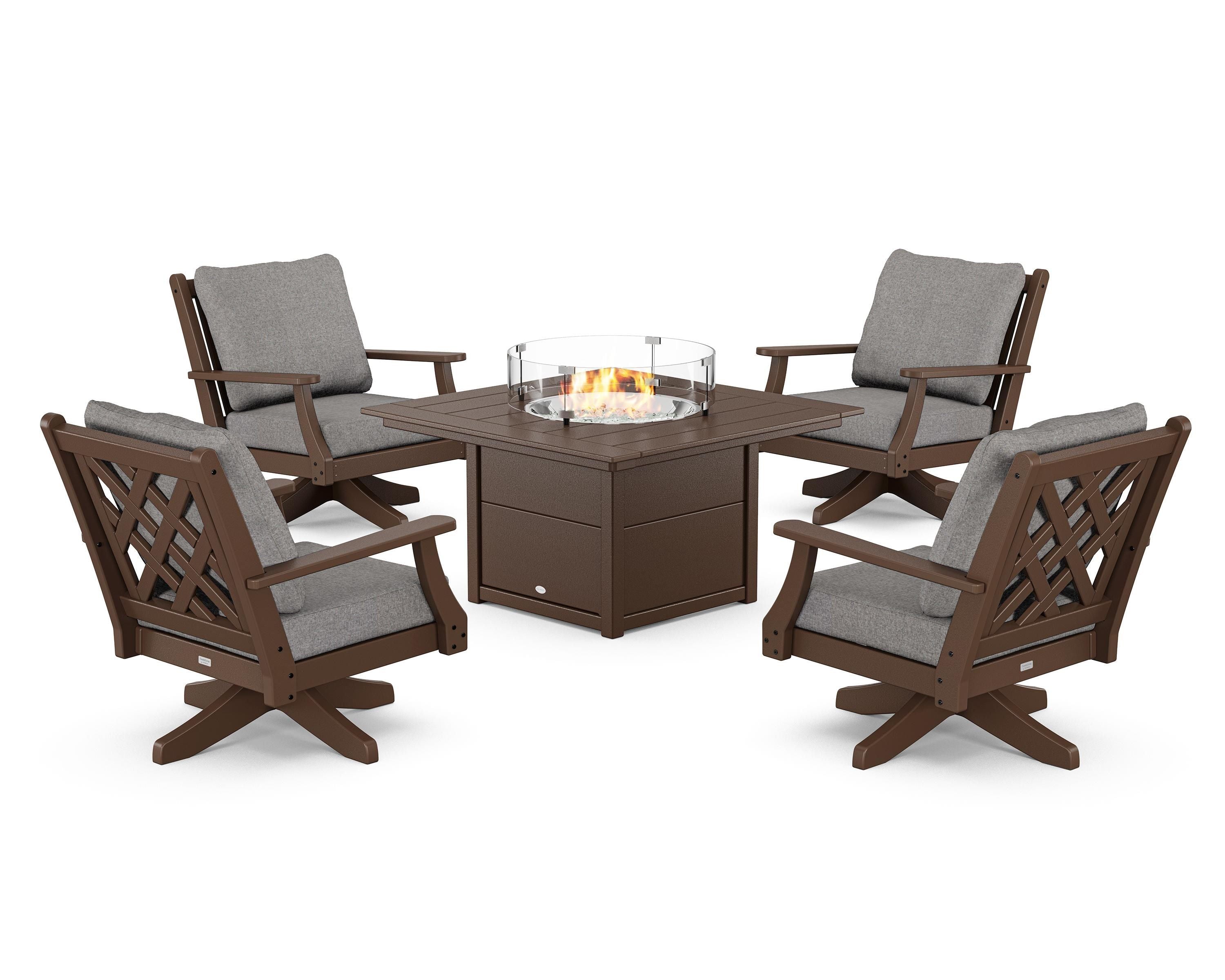 Country Living Wovendale 5-Piece Deep Seating Swivel Conversation Set with Fire Pit Table in Mahogany / Grey Mist