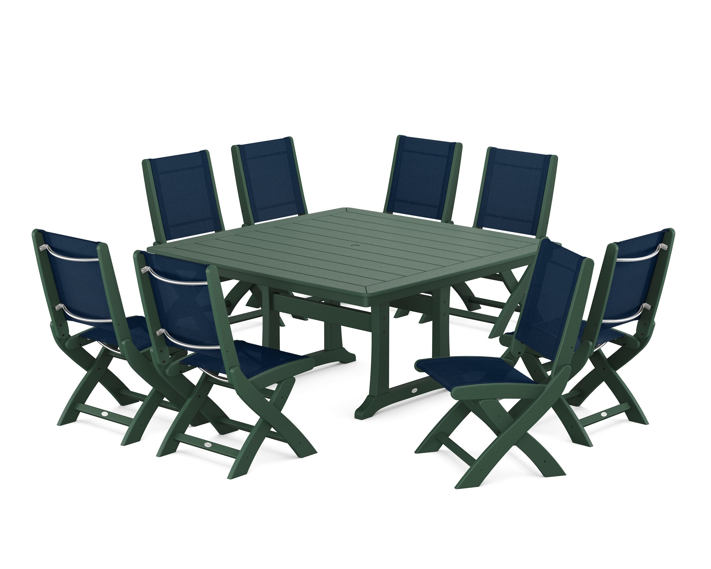 POLYWOOD Coastal Folding Side Chair 9-Piece Dining Set with Trestle Legs in Green / Navy Blue Sling