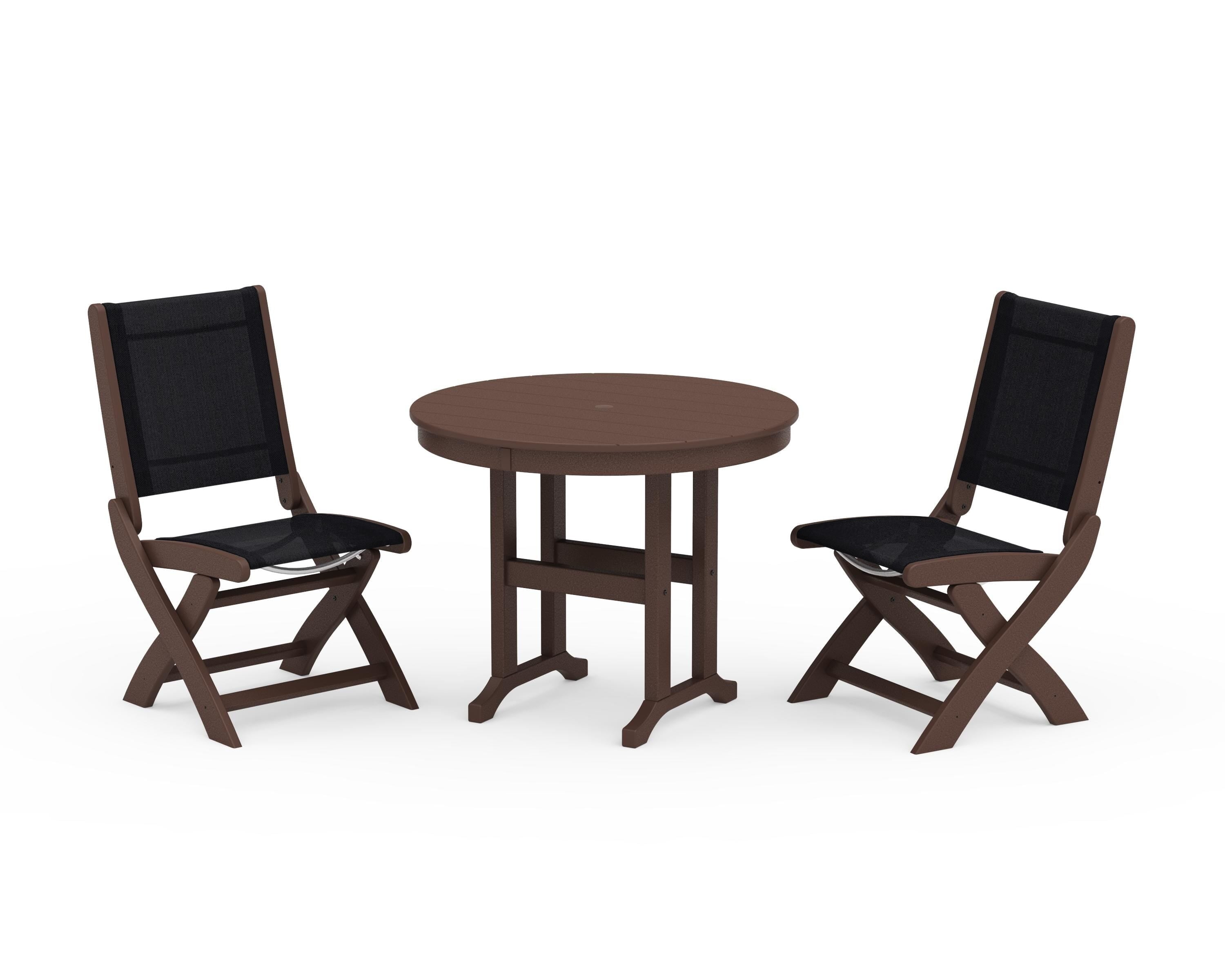 POLYWOOD Coastal Folding Side Chair 3-Piece Round Dining Set in Mahogany / Black Sling
