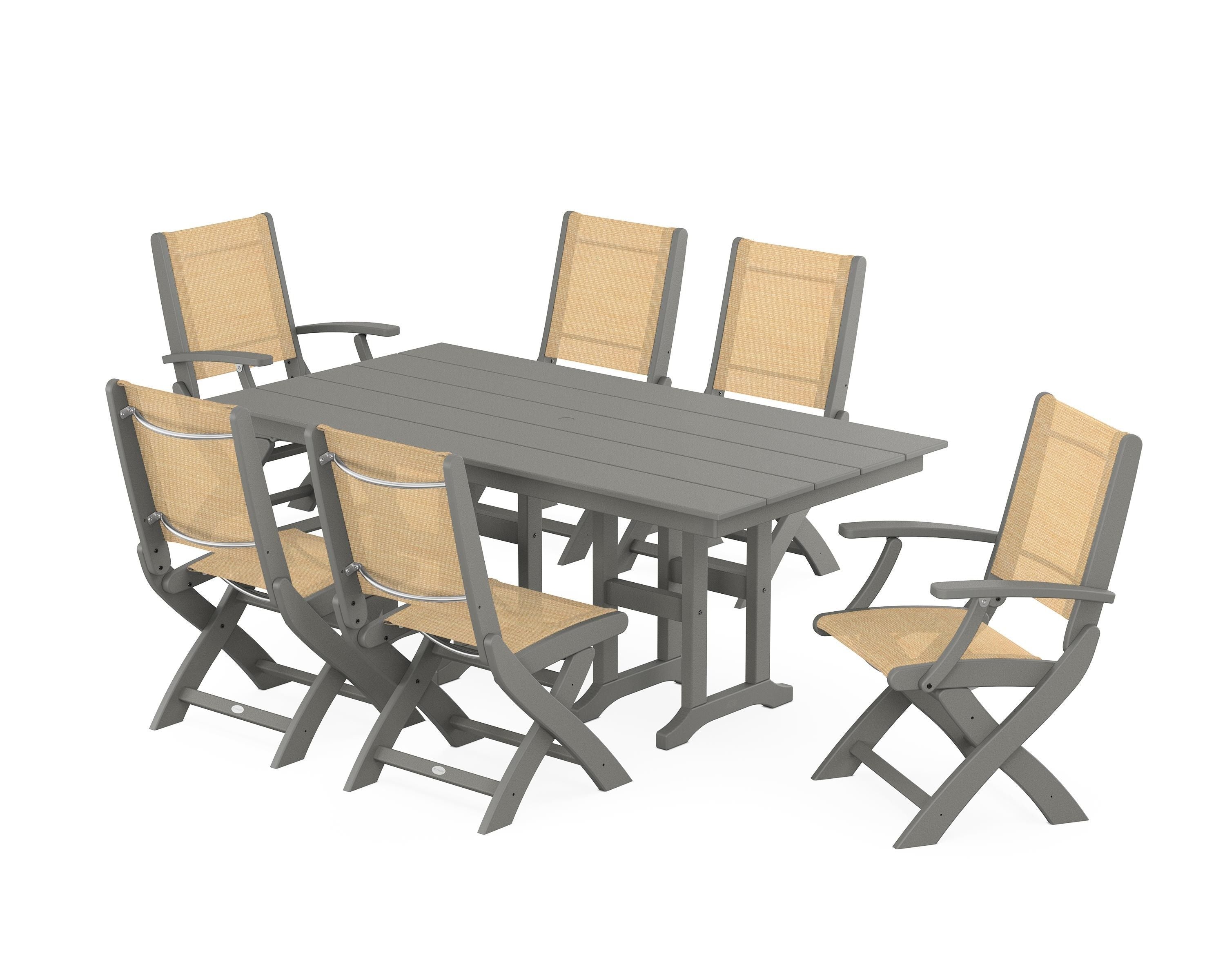 POLYWOOD Coastal Folding Chair 7-Piece Farmhouse Dining Set in Slate Grey / Dupioni Apricot Sling
