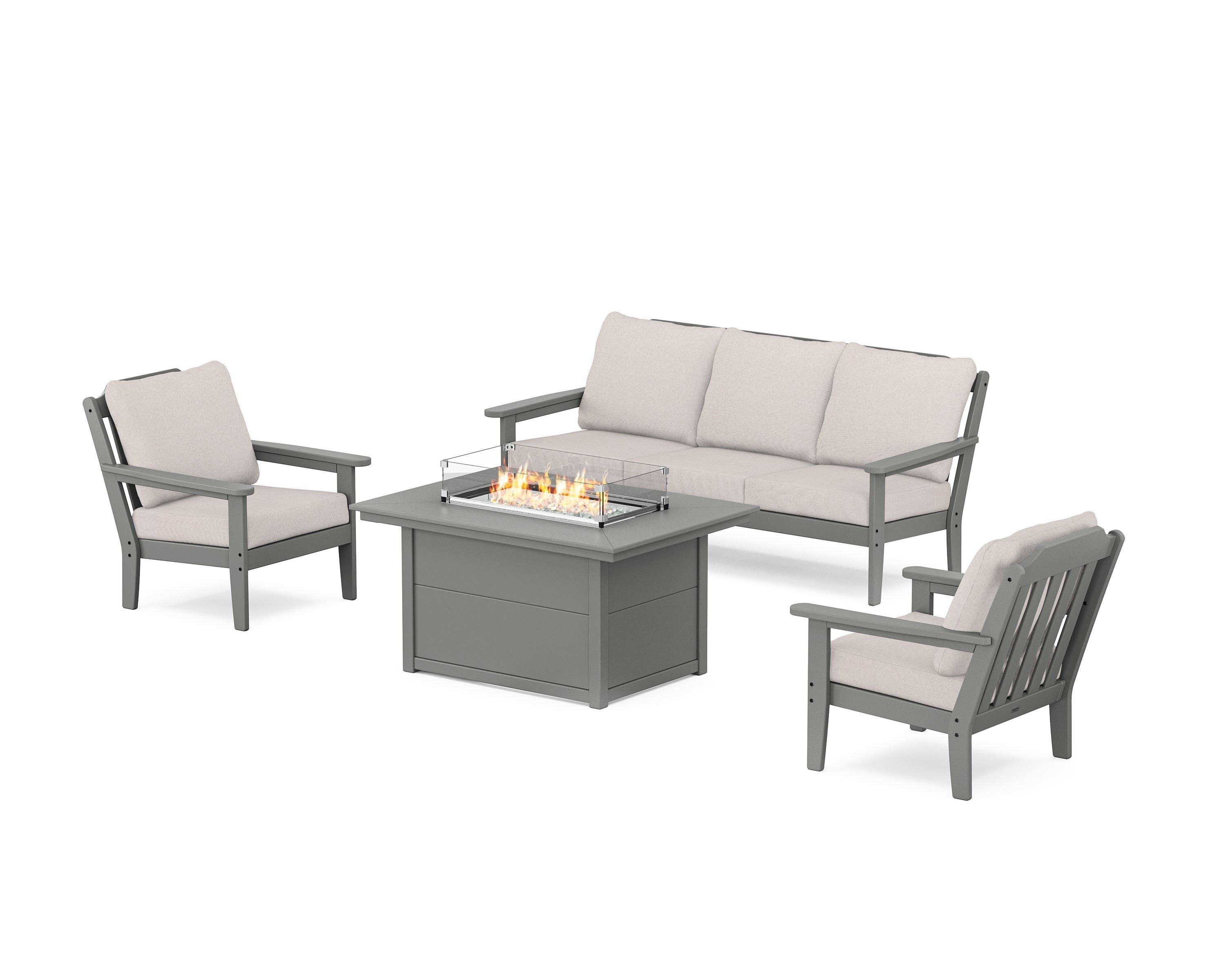 Country Living Cottage Deep Seating Fire Pit Table Set in Slate Grey / Dune Burlap