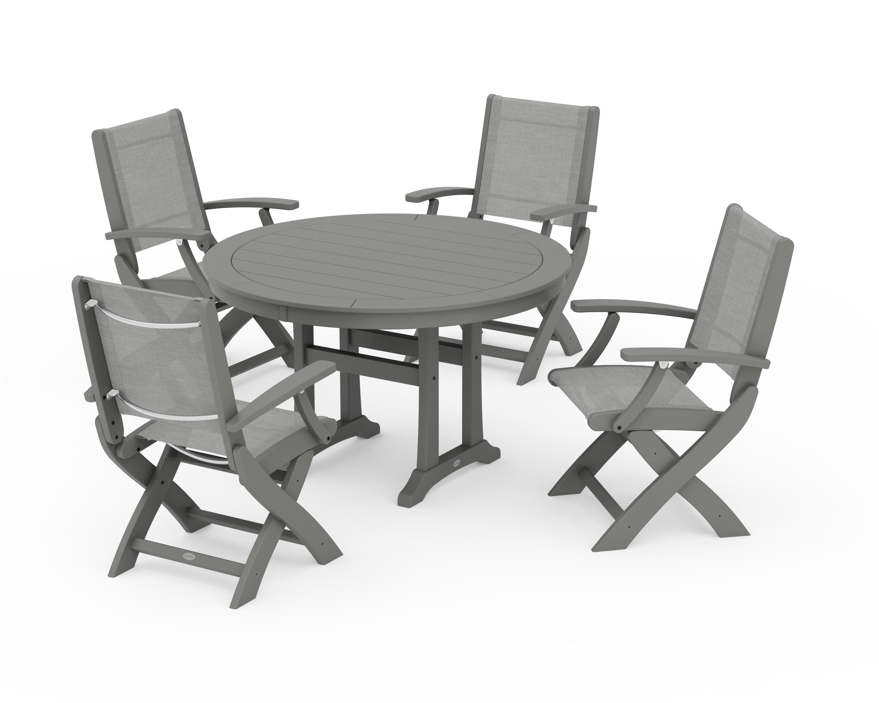 POLYWOOD Coastal Folding Chair 5-Piece Round Dining Set with Trestle Legs in Slate Grey / Metallic Sling