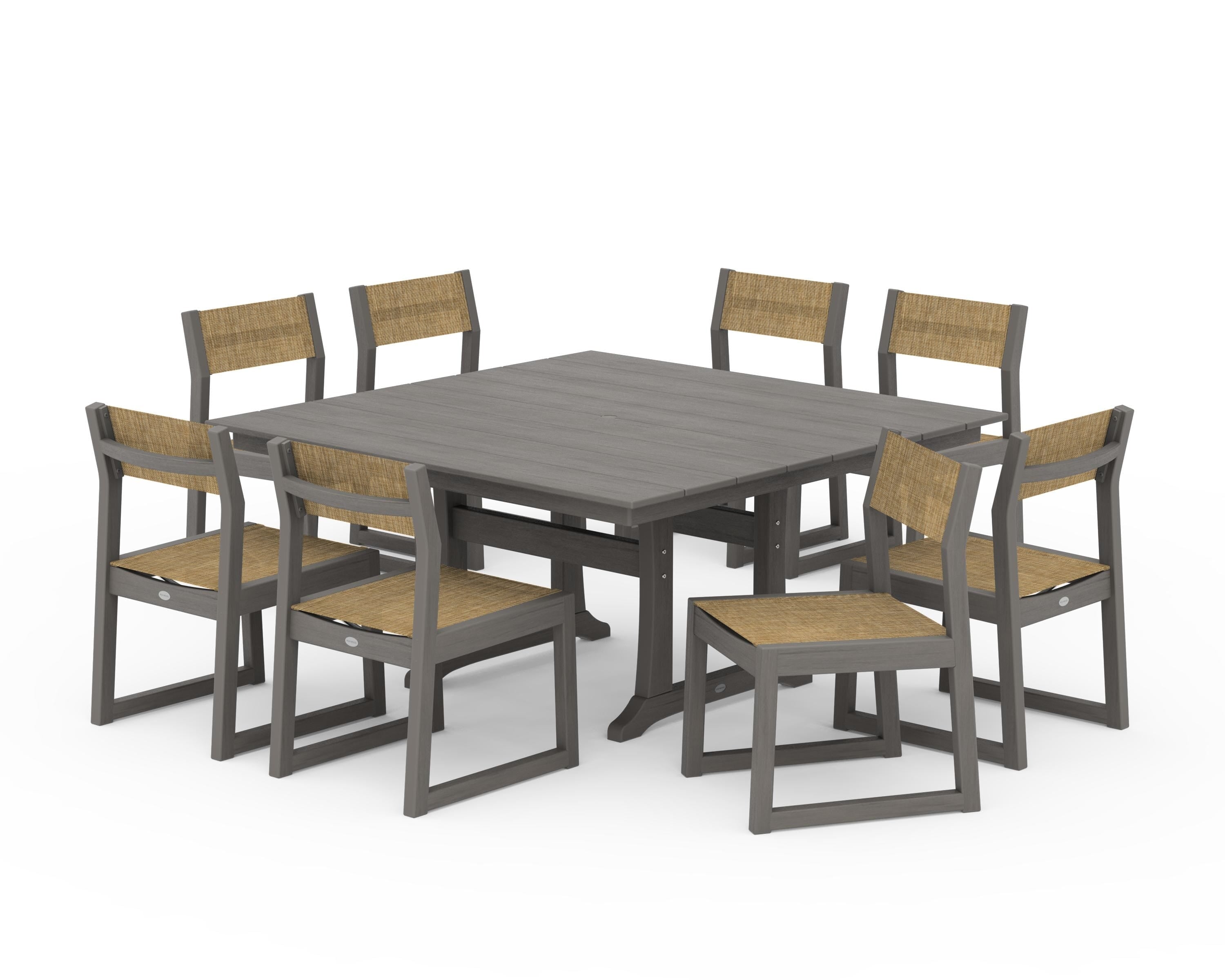 POLYWOOD EDGE Sling Side Chair 9-Piece Farmhouse Trestle Dining Set in Driftwood / Burlap Sling