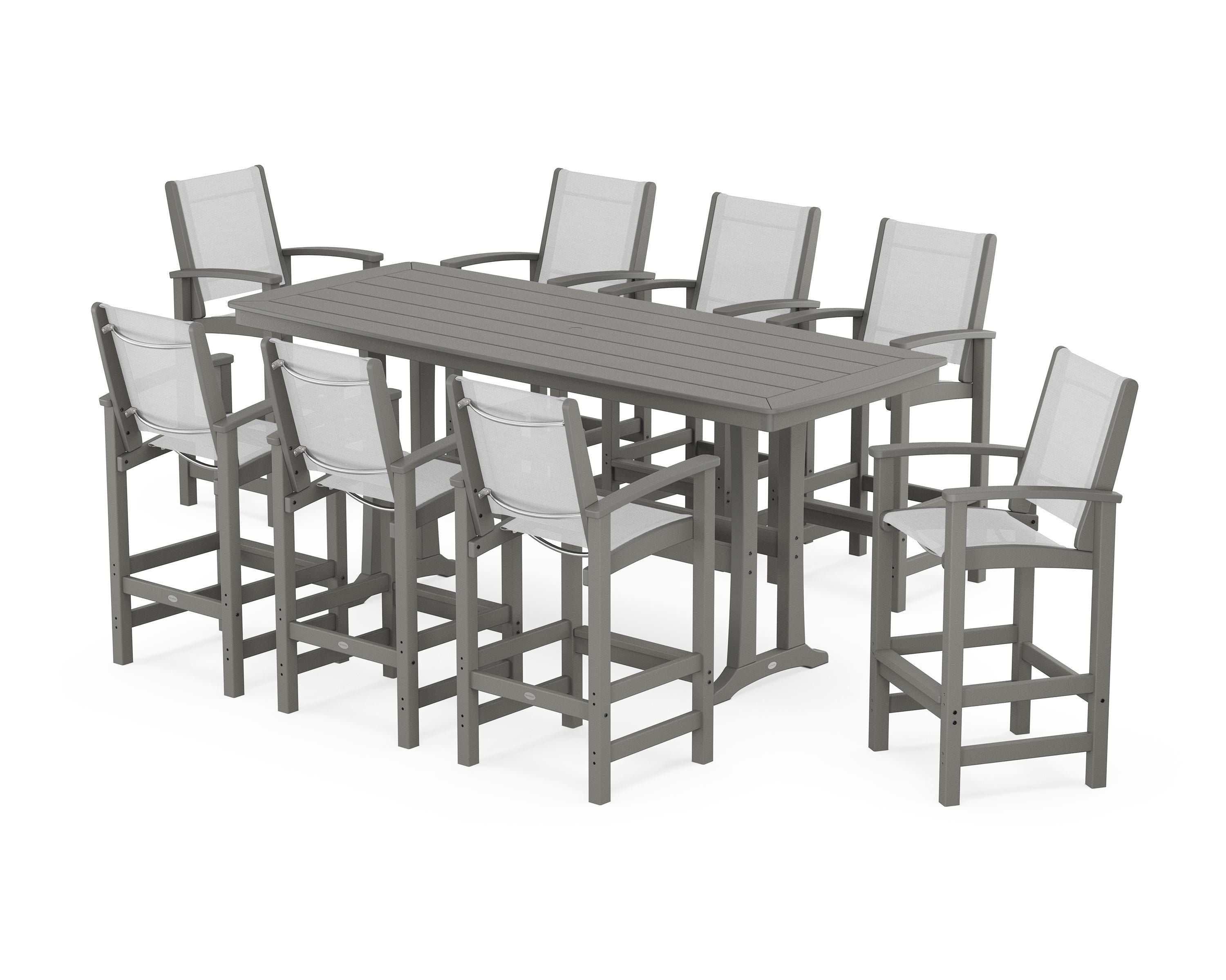 POLYWOOD Coastal 9-Piece Bar Set with Trestle Legs in Slate Grey / White Sling